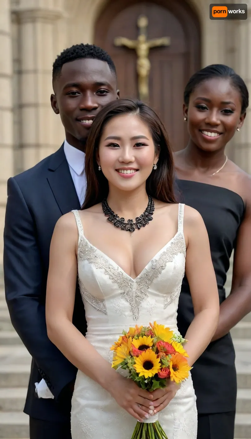 4K, happy smile, ((must 1girl 2boys photo), (must 18 years old muscular African 2boy)), fond pose, outside, gorgeous church, plunging, luxury gorgeous sheath dress, tight short dress, smile, iris Bouquet, ultra-detailed, (dark brown hair), (long hair), (straight hair), (bob hair), ((Ultimate realistic photo)), ((detailed face)), (60 years old Korean MILF old woman), (boy black skin:1.3), necklace, wedding photo shoot style --v 6 --style raw
