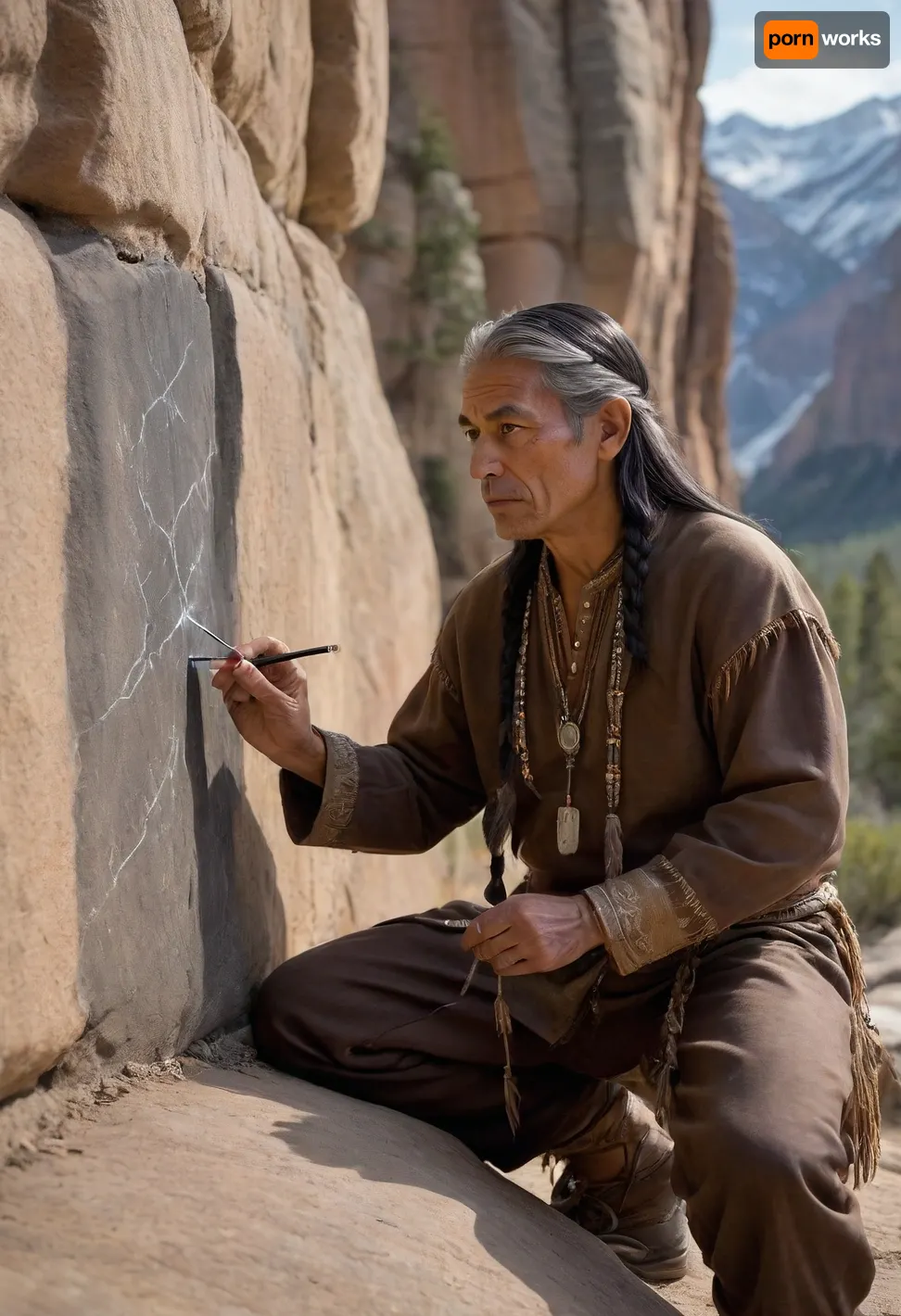 A weathered, middle-aged, (45-55 years), female Native American cartographer, possessing strong, chiseled features and deep-set eyes reflecting centuries of ancestral knowledge, stands poised against a towering sandstone cliff face. His dark brown skin, etched with the lines of time and sun exposure, speaks of a life lived in harmony with nature. He is dressed in a richly textured, dark brown deerskin tunic adorned with intricate silver beadwork depicting constellations and flowing water patterns, complemented by dark grey woven leggings and sturdy leather moccasins. His long, black hair, streaked with silver, is gathered in a traditional braid. His posture is one of intense focus, his body slightly hunched over the cliff face as he meticulously sketches with charcoal onto the rough-hewn stone. His brow is furrowed in concentration, his lips pressed together, revealing a determined expression. The charcoal in his hand moves fluidly, creating detailed lines on the map that depicts sweeping mountain ranges, winding rivers, and sprawling forests. The scene is bathed in the warm, golden light of late afternoon sun, casting long shadows that accentuate the texture of the cliff face and the intricate details of his attire. The background is comprised of imposing, snow-dusted peaks, a pristine clear sky, and an almost tangible sense of ancient wilderness. Rendered in a photorealistic style with elements of romanticism, the piece captures a sense of quiet majesty and deep connection to the land. The perspective is a medium shot, slightly elevated to capture both the cartographer and the vast expanse of the landscape. The overall mood is serene yet powerful, conveying the enduring legacy of indigenous knowledge and the artist's profound respect for his environment.