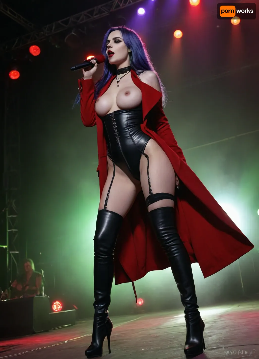 full body view, gorgeous, slim, massive breasts, pale, gothic, bright green eyes, slight ahegao face, black lips, long blue and purple hair, choker on neck, topless, black thigh high boots, no panties, hairy pussy, red fingernails, very long dark red coat, clothed man, blowjob, cum on face and tits, rock concert, on stage singing, prone, stage covered in red lights