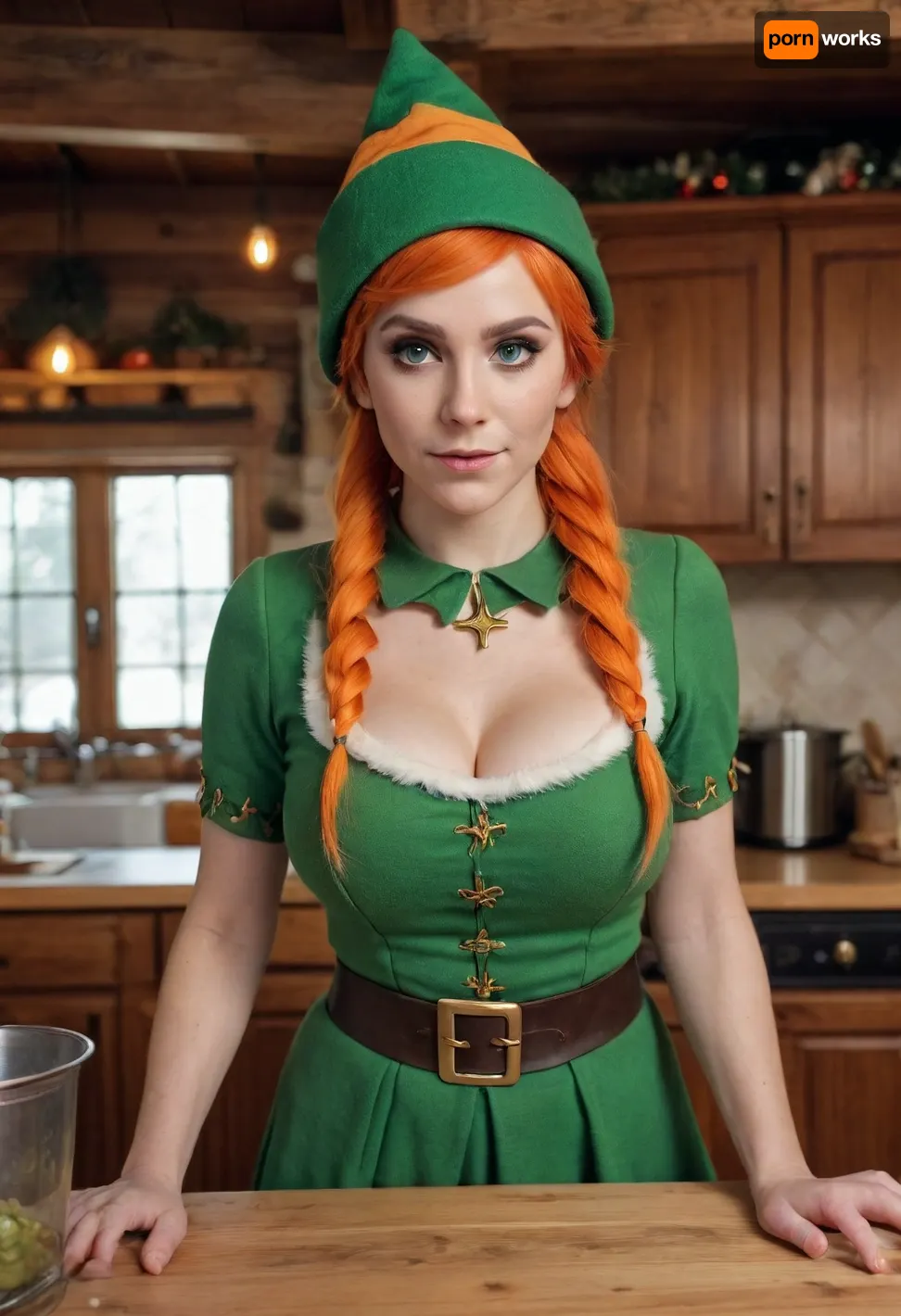 Tinker, (female elf), cozy wooden kitchen, slightly distressed expression, ((large breasts)), (green elf costume), (orange hair in a bun), (green elf hat), exaggerated features, Christmas theme