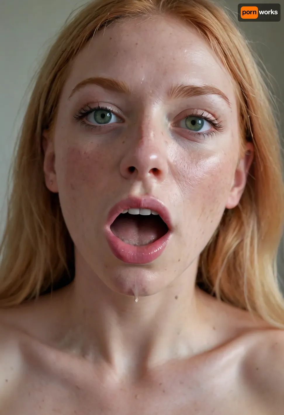 Photo of a pretty woman with green eyes and ginger hair, long messy white straight hair, flat breasted, small waist, small hips, small ass, (freckles), (freckles body), deepthroating a man, ballsdeep, face pressed against crotch, man grab long white hair, (((cum dripping from the side of her mouth))), (((cum on face))), (((cum in hair))), (((cum everywhere))), (((cum leaking from nostrils))), man light skin, Nikon Z9, realistic matte skin, skin texture visible, (sharp focus), (high quality), (face visible), deep throat, (pov_deepthrt)