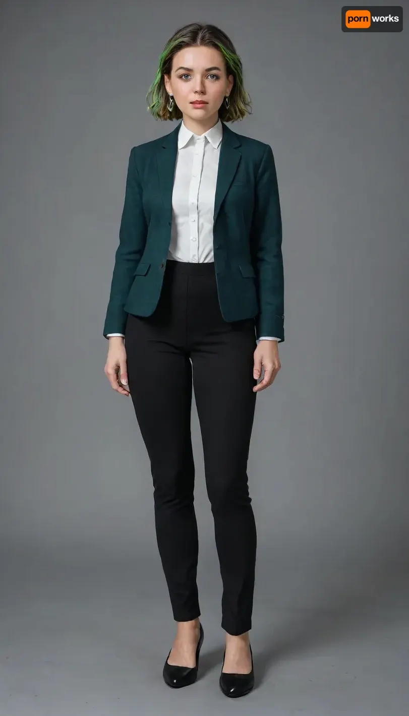 Katherine Mulligan Loud From The Loud House, mint green streak. She has fair skin and flushed cheeks, with an expression of surprise or astonishment. She is wearing a dark suit, possibly black or navy, consisting of an open jacket with a pronounced neckline and tight pants or opaque tights. The jacket appears to be made of a smooth, formal material, full body viiew