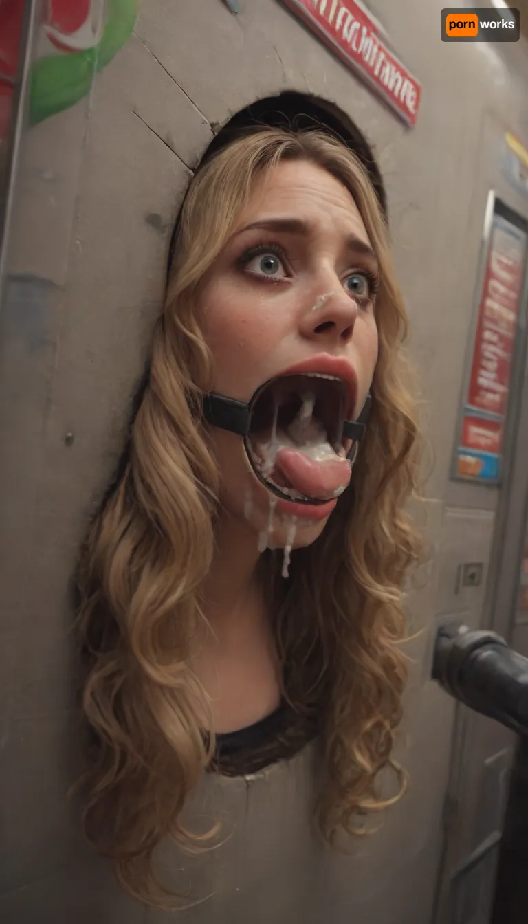 ((front side view, rotated, angle, style:1.3)), (40 years adult), (woman is stuck with her hips in a round hole with metal rim in a vending machine), (her bust is protruding from a round hole in the front of the vending machine:1.5), (stuck in hole with metal rim:1.3), (vending machine at night, slot for payment), (wide mouth spreader ring gag, gaping mouth:1.5), (leaning forward), (embarrassed, ashamed), (pleading expression:1.2), (terrified:1.6), (crying:1.2), (fear and panic:1.2), (box is low mounted, close to floor), (score_9, score_8_up, score_7_up, UHD 8K, masterpiece, best quality, maximum details, natural light, extreme realism, cinematic still), (huge penis:1.4), (she stares at erect penis in front of her face:1.3), (POV from above, she is looking up to viewer, submissive), (POV man standing and looking down, man stroking his big dick:1.1), (arms restrained to wall), (her arms left and right flat against the wall, multiple iron rings fixing her stretched arms against the wall:1.5), (POV standing man, looking down on her:1.2), (mouth wide open), (dirty blonde Swedish woman, freckles, tanned), (tan lines), (iron rings restrain her arms to vending machine), (her arms are spread eagle against vending machine:1.8), (arms restrained with iron rings:1.8), (free-standing vending machine), (her face is covered in cum:1.6), (enormous cum in er mouth:1.12), (bukkake, facial:1.48), (crying:1.3), (freckles, skin impurities), (transparent liquid:1.2), (realistic cum), (wet face:1.2), (oily skin:1.5), (stuck in a round hole with metal rim:1.6), (long blonde hair, elegantly styled hair, long wavy hair:1.5), (eyes wide open in horror:1.8), (her mouth serves only one purpose), (she's got a new job, she's a public cum dumpster)