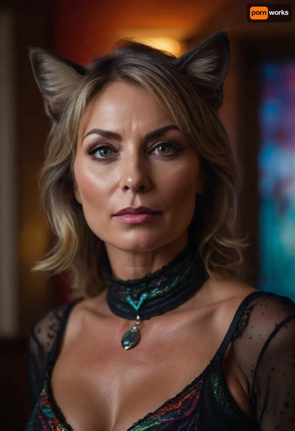Hot 55yo Milf wearing a cat custom, <lora:updated_realneko_v1:.8>