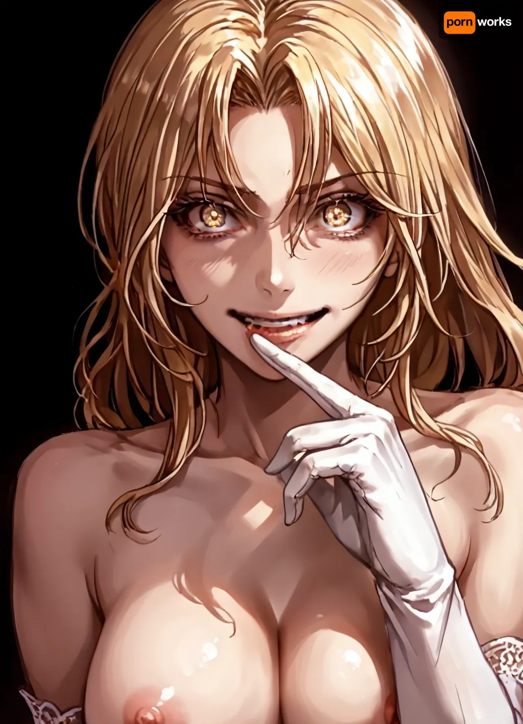 score_9_up, score_8_up, score_7_up, 1girl blonde_hair breasts cleavage elbow_gloves finger_to_mouth gloves hair_between_eyes large_breasts long_hair looking_at_viewer, (nude, naked), (one_eye_closed), parted_lips, (shushing), solo sparkling_eyes upper_body white_gloves yellow_eyes, (toaru_kagaku_no_mental_out toaru_kagaku_no_railgun toaru_majutsu_no_index, (((shokuhou_misaki)))), (((crazy))), psycho smile, lineart, SOTN, (<lora:sotn32:1.4>)