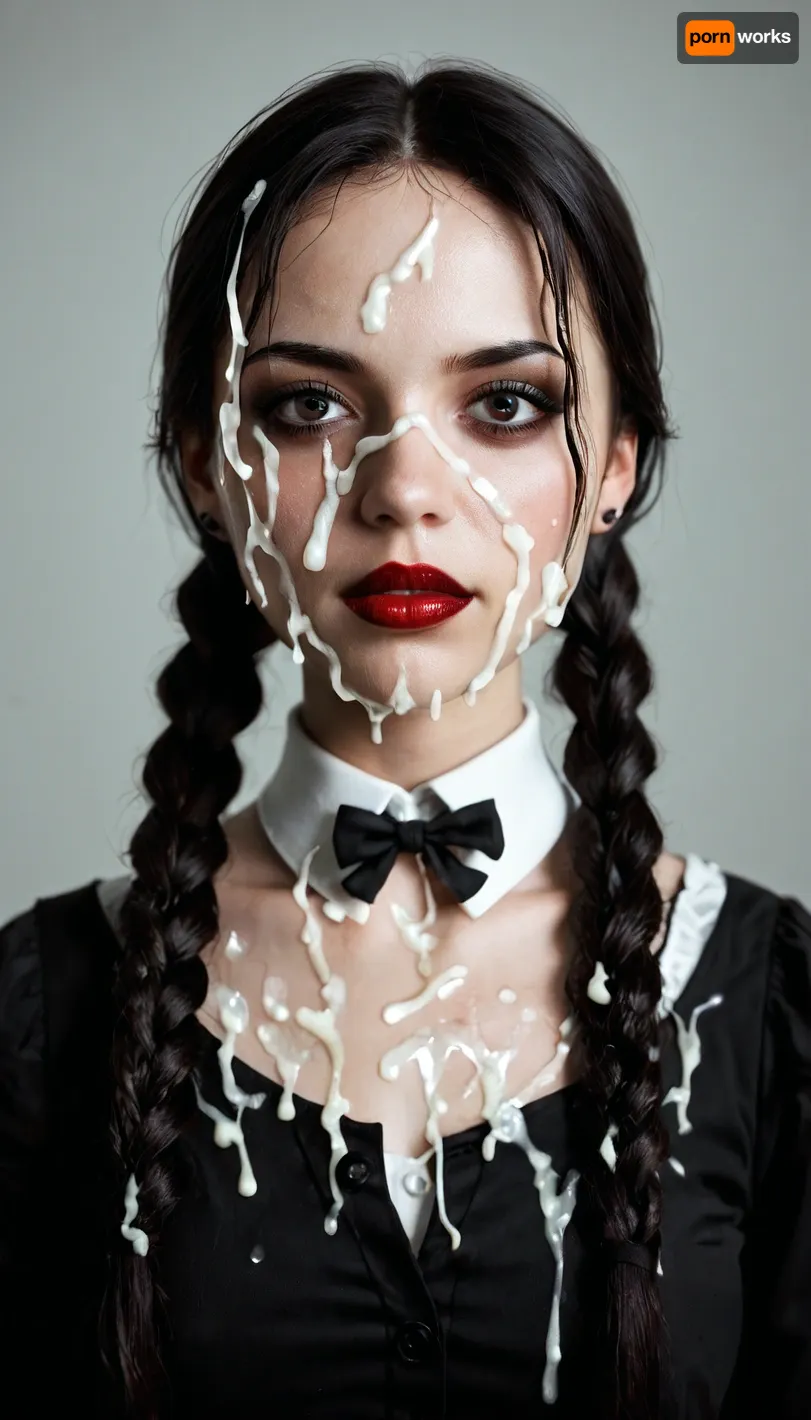 detailed closeup, facing camara, 1 girl solo, spooky moonlit mansion in distance, (intricate detailed Wednesday Addams face), intensely proud expression, (huge dark eyes with detailed black iris:1.2), dark blood red lipstick detailed high collar buttoned black gothic top, very long very thick black braided high pigtails hair, several strings of thick lumpy cum splashed across her face, (after extreme bukkake:1.5), cum on hair, (cum on high pigtails:1.3), high detail, sharp focus, perfect lighting, awesome, dslr, 4k high quality. extra detail, extra sharp, magical, perfect moment, natural skin, pores, (young), ohwx, woman, <lora:ortega_sdxxxl_dh128_v1:.8>