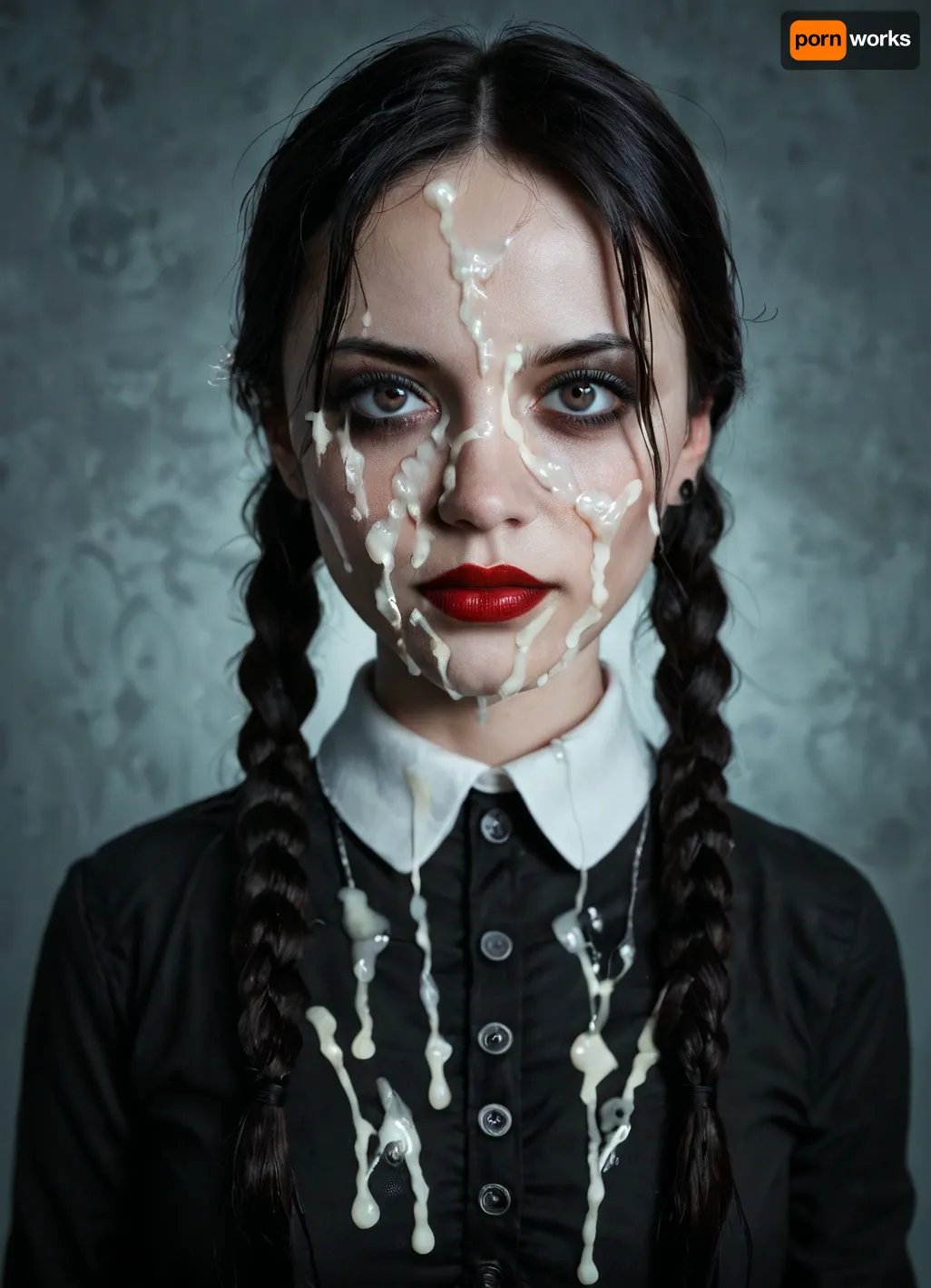 (detailed closeup:1.3), fuocus on eyes, facing camara, 1 girl solo, spooky moonlit mansion in distance, (intricate detailed Wednesday Addams face), intensely proud expression, (huge dark eyes with detailed black iris:1.2), dark blood red lipstick detailed high collar buttoned black gothic top, very long very thick black braided high pigtails hair, several strings of thick lumpy cum splashed across her face, (after extreme bukkake:1.5), cum on hair, (cum on high pigtails:1.3), high detail, sharp focus, perfect lighting, awesome, dslr, 4k high quality. extra detail, extra sharp, magical, perfect moment, natural skin, pores, (young), ohwx, woman, <lora:ortega_sdxxxl_dh128_v1:.8>