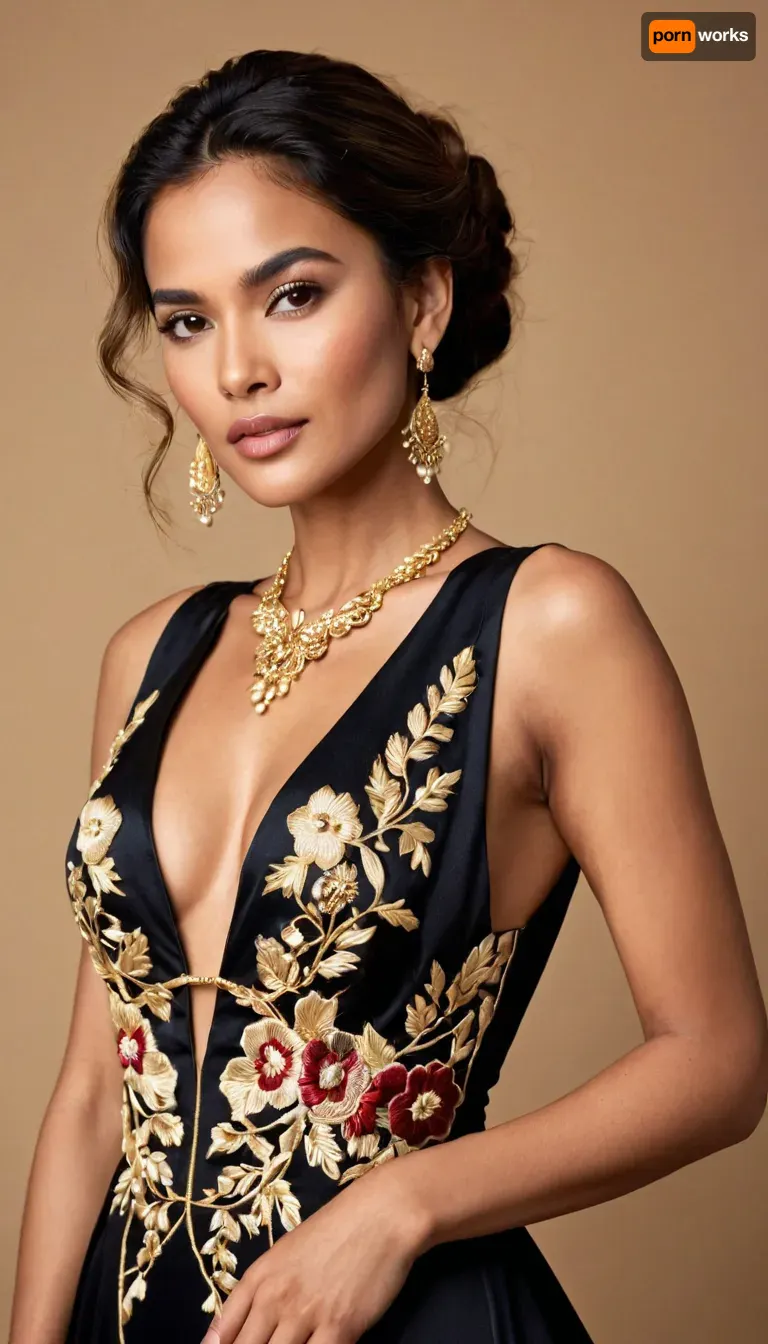 Élégance sous les projecteurs

- Oui.

Un photographe capture une femme d'ascendance noble dans une superbe robe de soirée noire avec des broderies d'or complexes. Le tissu drape élégamment autour d'elle, mettant en valeur ses caractéristiques raffinées et son comportement poisé. Son expression est à la fois régale et séduisante, alors qu'elle se tient confiante devant la caméra, embrassant les projecteurs. Les détails profonds en v-neckline et en découpe accentuent sa silhouette, tandis que la texture riche de la robe ajoute une touche de sophistication à la composition.