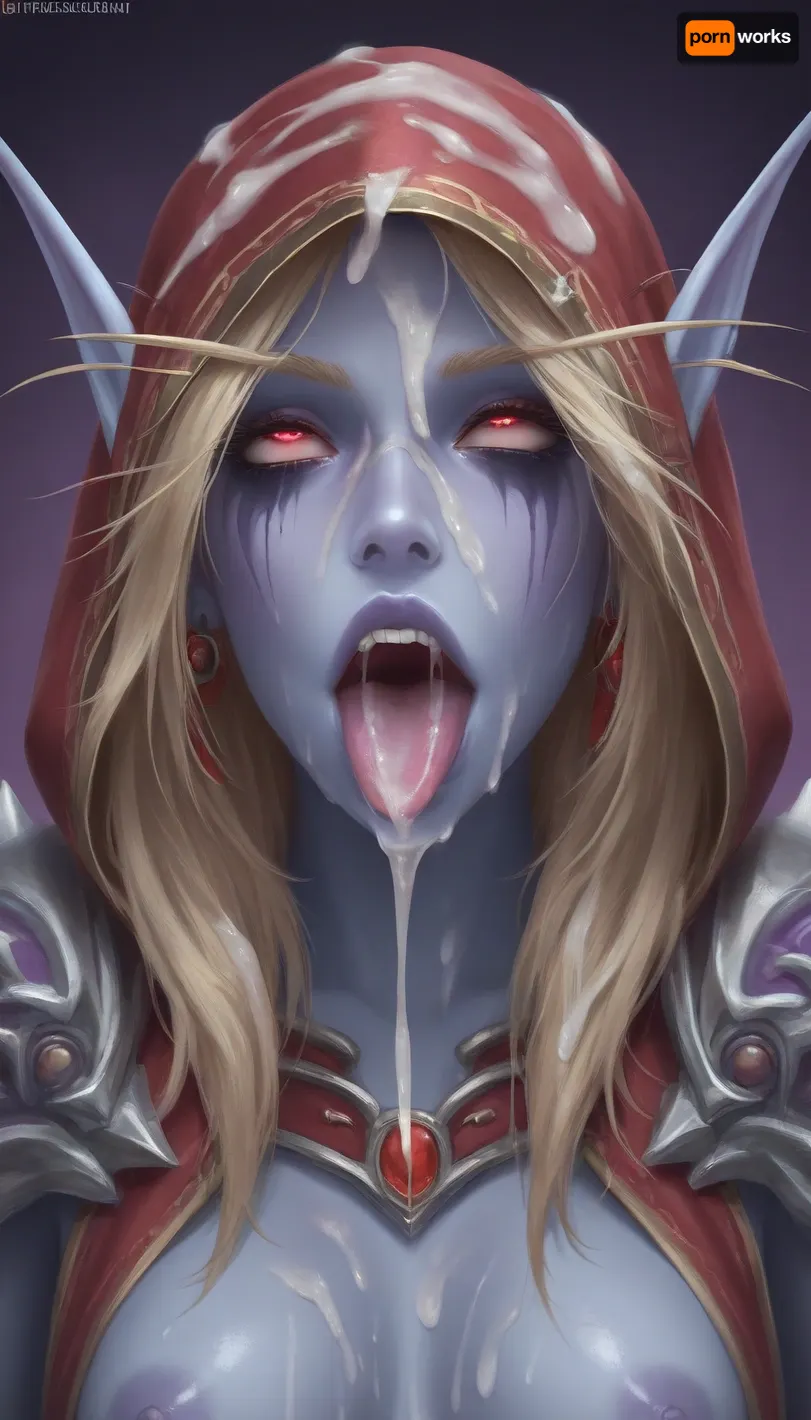 Sylvanas Windrunner, ahegao, (rolling eyes), tongue, excessive cum, front view, cum on hair, orgasmface