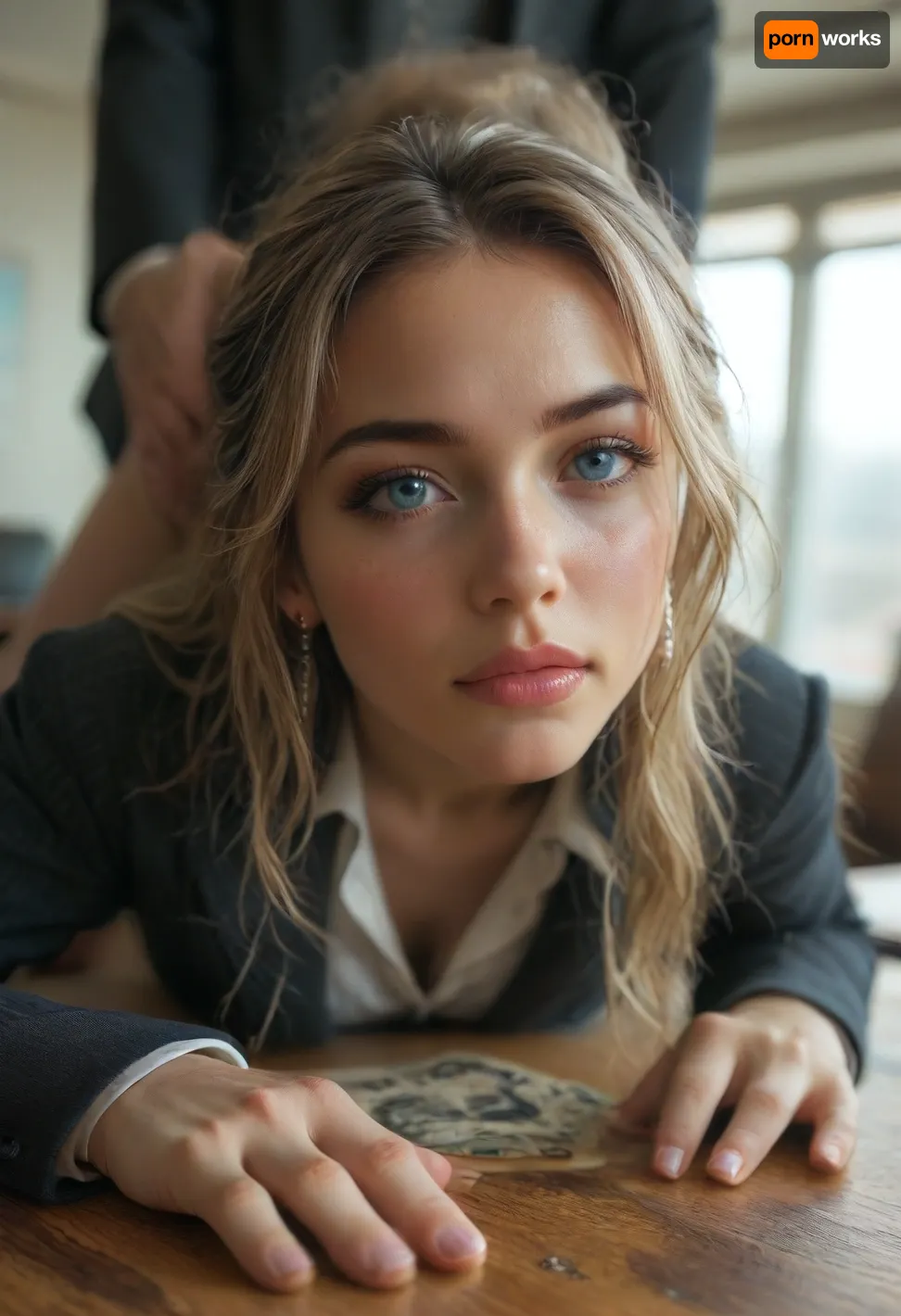 most alluring oval face, high contoured cheekbone, blonde, light blue eyes, perfectly shaped lips, perfectly shaped nose, pink lipstick, hinata waist, supermodel figure, (striped black blazer:1.2), office, shiny skin, large window, close up, (focus on face:1.3), dynamic pose, dynamic angle, dynamic lighting, professional bright light, (face bust hips thighs in image:1.3), man standing behind woman, (anal doggystyle sex:1.3), hands on hips, anal sex, man in image, face down, ass up, head on desk, laying on desk, doggystyle, fat man in suit, old man in suit, man in black suit, white shirt, man has loose tie, womans head lying down on the side of her head on the desk with her ass up, painal, head pushed down, skirt pulled up, thigh high stockings, platform high heels, irelia from league, award winning photo, photorealistic, photographic, creampie, face, horny, lora, quality, SDXL_BetterFaces-LoRA_v1, .5>, <lora:lora-sdxl-perfect-eyes:.9>, <lora:reallora1:1>, <lora:Oxygen girl_SDXL1.0:.8>, <lora:MJ52:.7>, <lora:BUT_SDXL_SHS:.5>