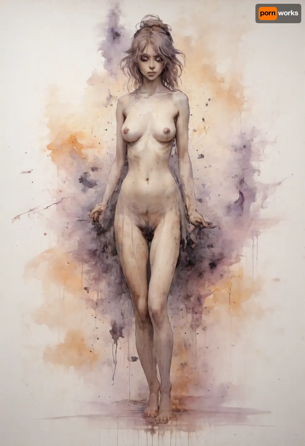 Dungeons&Dragons style, full body, a naked female elf wizard, blue long hair, blunt bangs, creating fireball, magic sparks, (nude:2), no clothes, large hips, smooth pussy, Yoji Shinkawa, Luis Royo, fog volcano background, dark purple and deep yellow and light pink palette, Ink, ink, (ink-style, ink_wash_painting), <lora:InkWashpainting:.8>