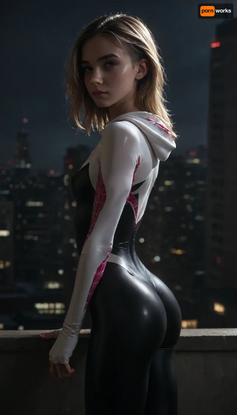 night, clear weather, (((18 years old))), (((young))), (spider girl Gwen Stacy), Braided side Side Cornrows Hair, (tight outfit), athletic body, hood on head, hip gap, (narrow waist:1.3), (blonde with pink strands), (view from side:1.4), climbs to the roof of a high-rise building, (makeup), New York day, ((pussy cameltoe:.6)), wet clothes, (oiled skin:1.4), (wet tight bodysuit), hand, 1girl, (athletic ass), medium natural breast, (high detailed face:1.5), dim lights, (hard nipples:.8), rear view, view from behind, <lora:HandFineTuning_XL:1>, <lora:MGLRbodysuit_sdxl:.6>, <lora:uberfit_lora_sdxl:.4>, <lora:dark:.3>, (chiaroscuro lighting:.3)