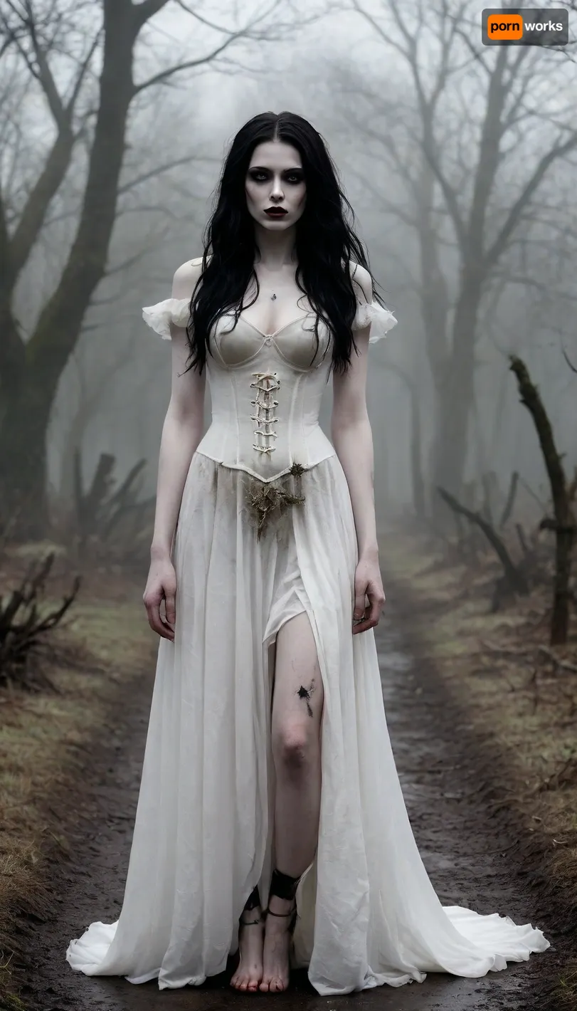 High contrast, supernatural ghost girl freshly out of her grave, alternative, goth, black very very long messy and ruffled dirty hair with tangles and twigs, pale dead looking white eyes, wide hips, shadowy figure, (skin painted pale white:1.7), seductive, imposing, mascara, black lips, mysterious presence, stunning long legs, large breasts, thin starved look, hands covered in soil as if she had just been diging with them, holding a bouquet of rotting flowers loosely at her side, ghostly girl, barefoot, dirty feet, diaphanous dress and corset spotted by streaks of fresh dark soil and torn in random places, ethereal, lost, unsettling, shambling through a misty graveyard at dusk in drizzling rain
