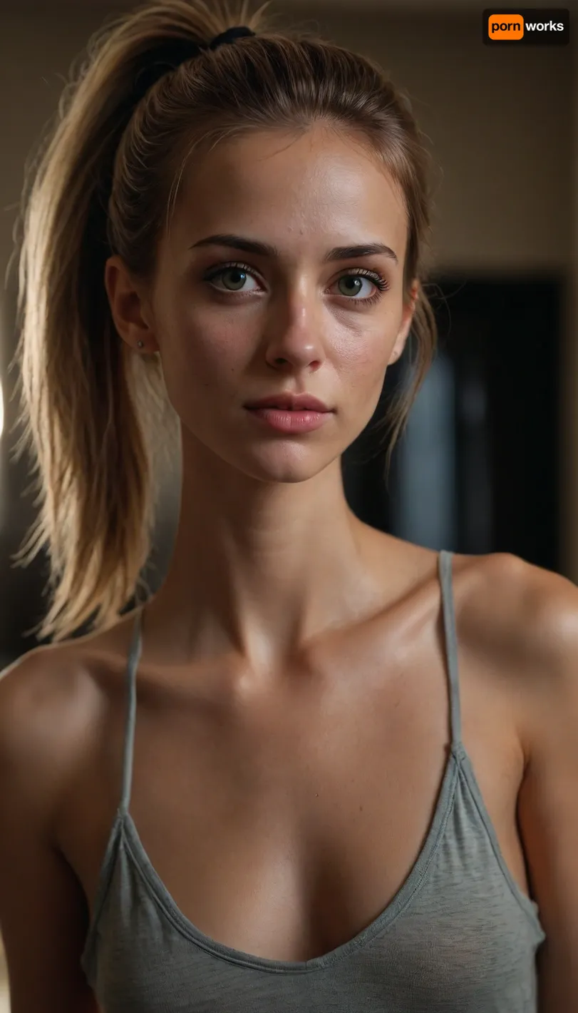photorealistic, (gorgeous skinny fit woman), maximum quality, barely legal, very messy ponytail hair, extremely loose oversized tank top, (large neckline with braless 40J cups), eyeliner, full body view, accurate eyes, nymphomaniac looking eyes, (realistic detailed eyes), (realistic skin texture), extremely detailed, high resolution, high resolution face, high resolution eyes