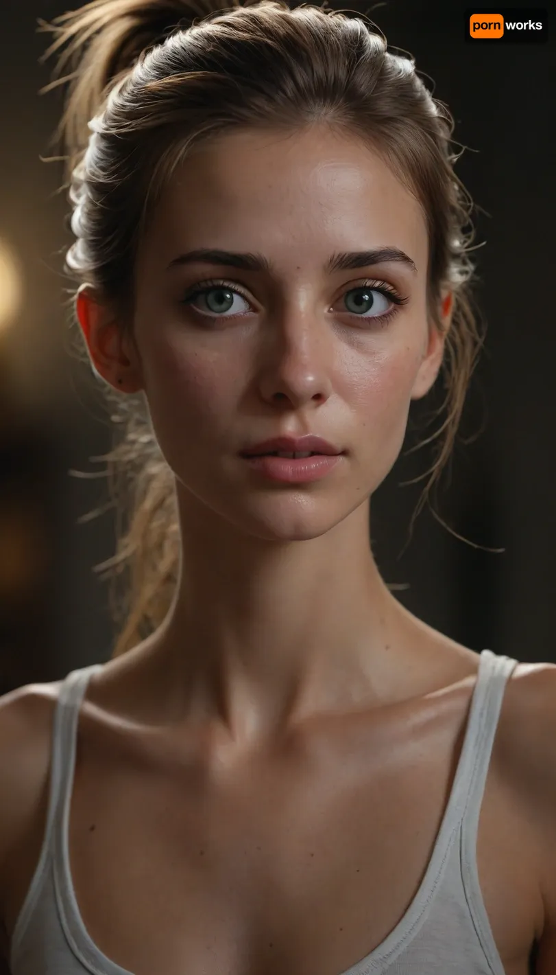 photorealistic, (gorgeous skinny fit woman), maximum quality, barely legal, very messy ponytail hair, extremely loose oversized tank top, (large neckline with braless 40J cups), eyeliner, full body view, accurate eyes, nymphomaniac looking eyes, (realistic detailed eyes), (realistic skin texture), extremely detailed, high resolution, high resolution face, high resolution eyes
