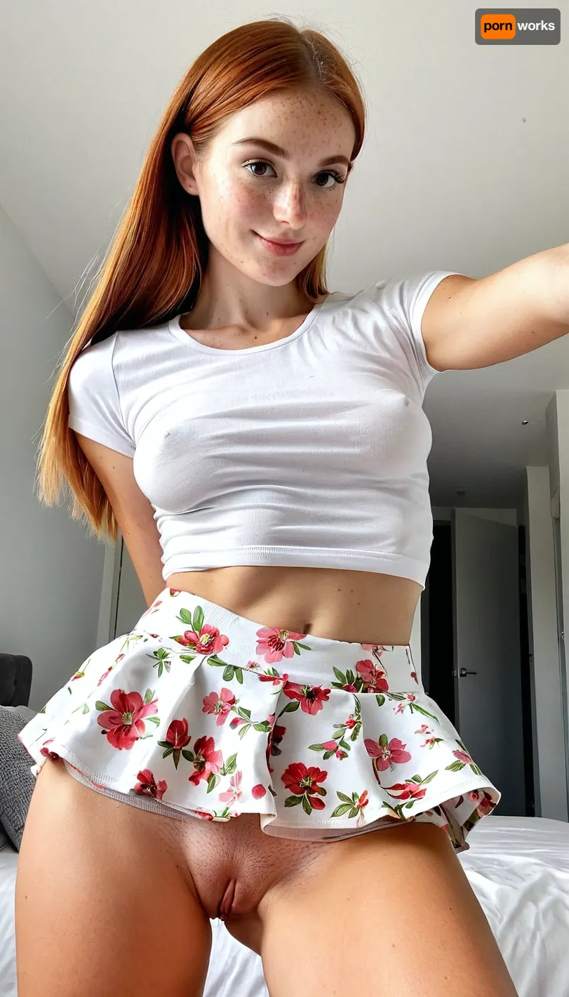 18 years old french girl, taking a selfie, wearing short low worn white floral skirt, exposing tiny cute round perky butt, thigh gap, cameltoe pussy, tight pussy, innocent, white and pale skin, slim nose, brown hair, tight white Tshirt, no bra, youthful breasts, very puffy breasts, tiny puffy nipples, flashing tits, slender body, embarrassed smile, slender girly face, minimalist white luxury bedroom, freckles, brown eyes, molar on cheek, 3/4 body view, rhinoplasty, hyper realistic photo, full hd, 8K