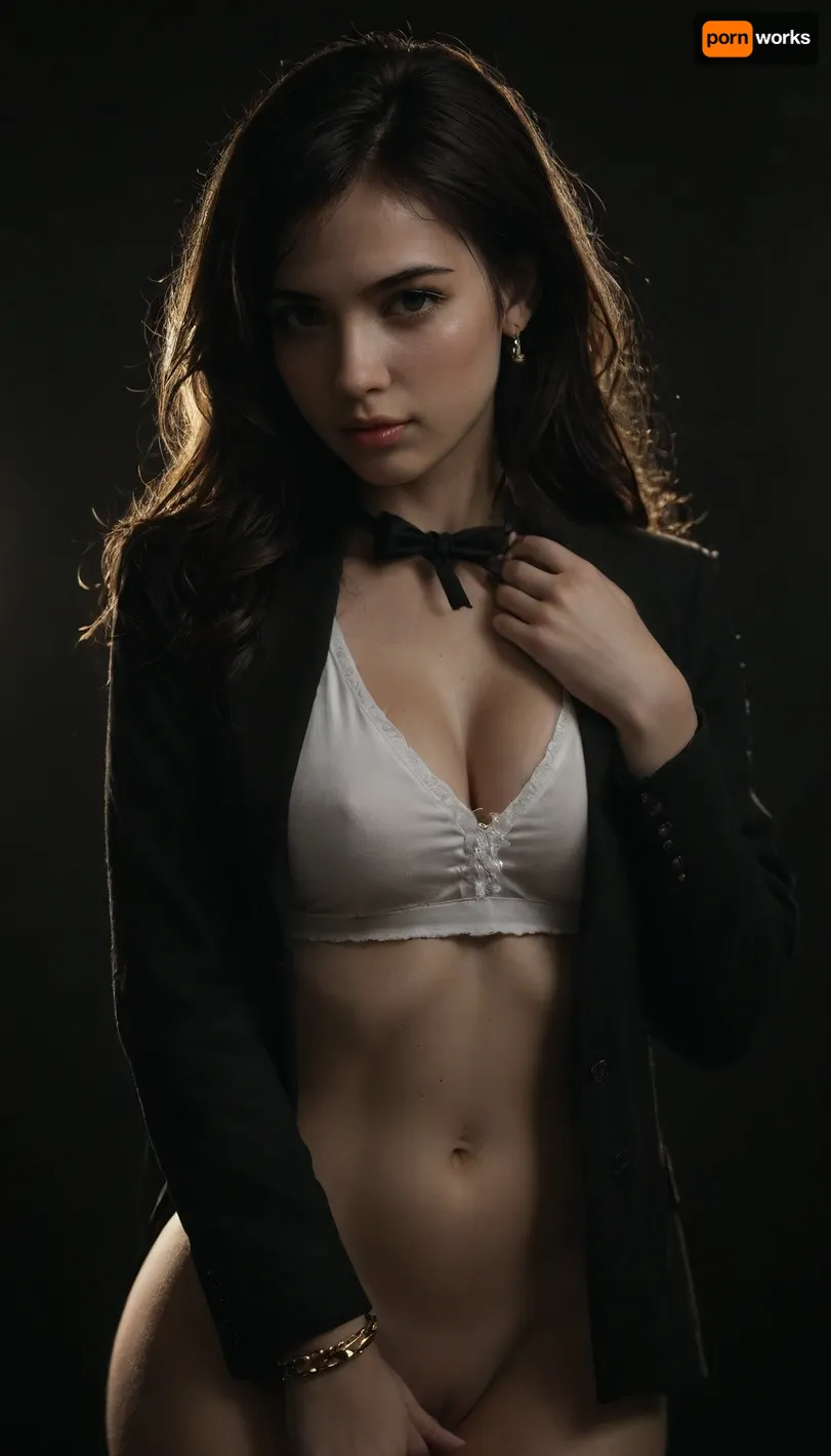 Solo, Beautiful tifa lock hart, looking in a seductive manner, eyes looking straight at the us, fair skin, long dark wavy hair, brown blazer, white shirt, black tie, sexy body, cute face, clear skin, close up, whole body visible, wearing golden anklets, golden bangles, golden chain, curvy figure, thick arms, thick hips, thick thighs, seductive face, looking at the viewer with lust, beautiful detailed face, amazingly sexy face, side view, standing straight in a sexy way, black background, rim lighting, key lighting, lighting on her breasts, lighting on her face, <lora:dark:.8>