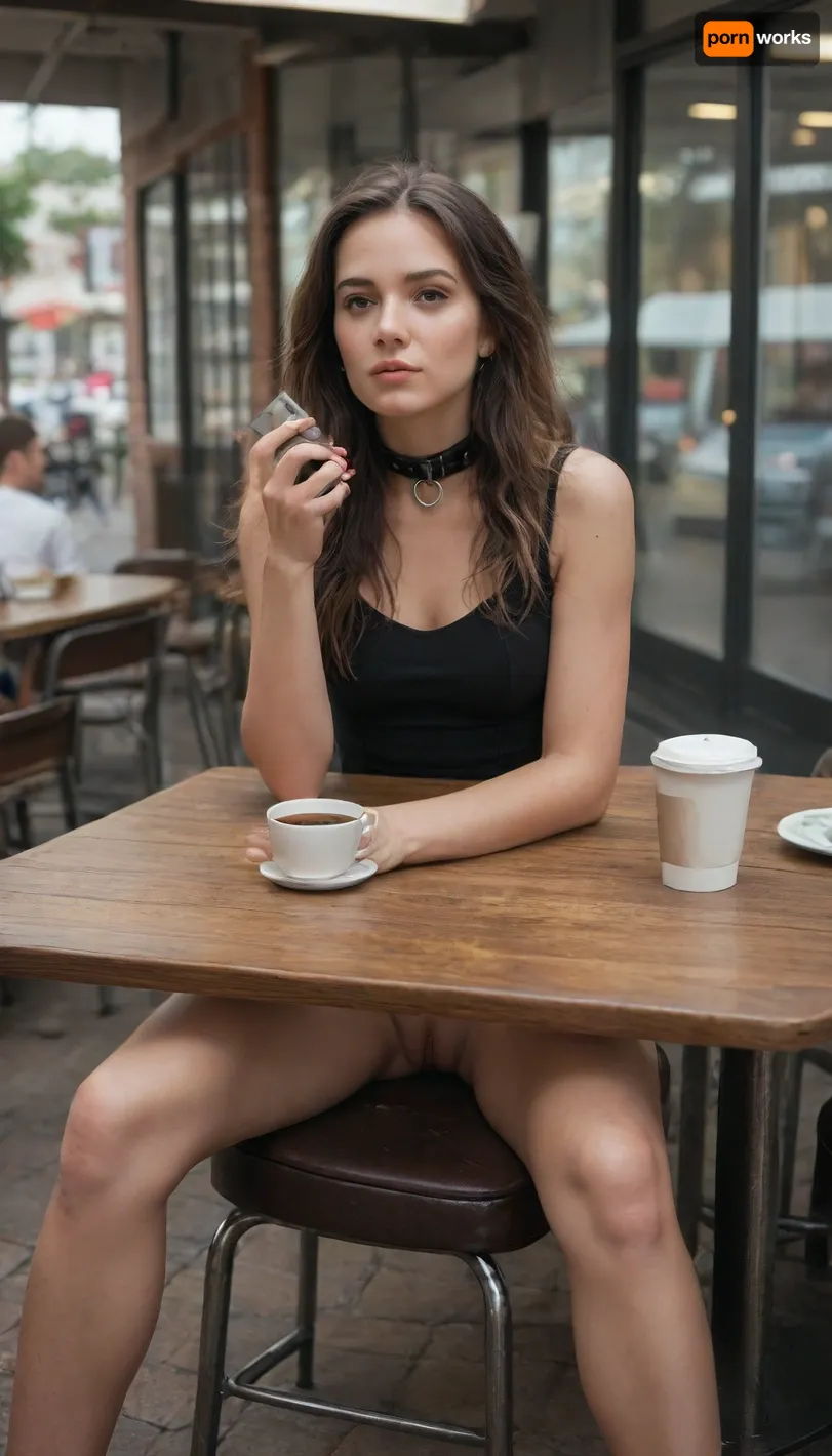 Photorealistic, street cafe, girl, long hair, slave collar, miniskirt, no panties, (labia), legs slightly spread, sitting at a table, thoughtful with cell phone, in the background men drinking coffee, angle under the table between her legs