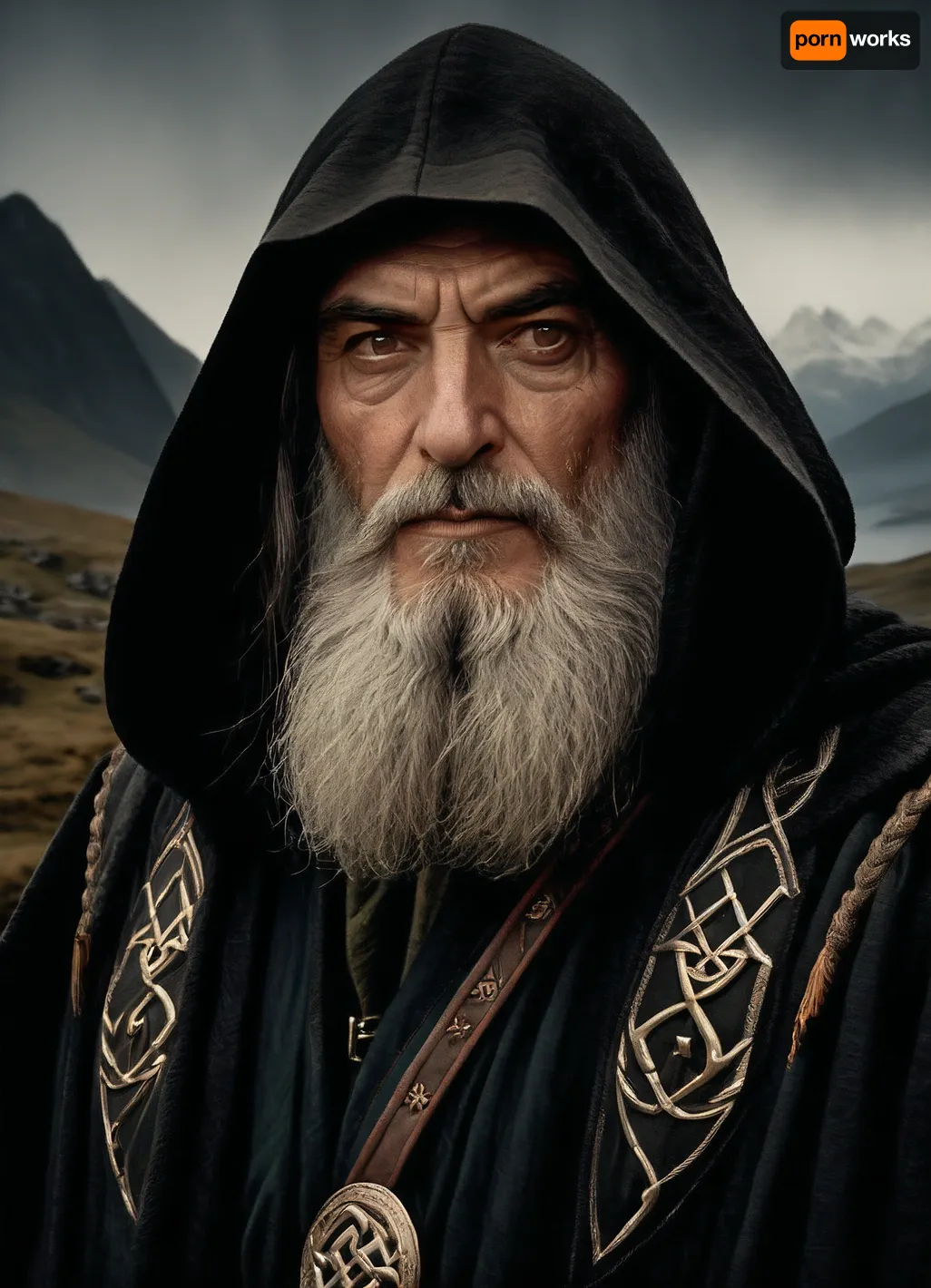 A wise old man, the Norse god Odin, wearing a green hooded cloak, with a thick beard and piercing eyes, (one eye hidden by a black patch:1.6), holds a carved staff. Two realistic black ravens with open beaks sit on his shoulders. The old man is set against a backdrop of wide, open mountainous and marshy terrain with ponds and snow-capped mountains on the horizon. Next to him is a huge stone carved with the, (rune Ansuz:1.7), . Digital painting, fantasy art inspired by Norse mythology. Dramatic lighting emphasizes the old man's face. Medium shot, chest-level angle showing details of the old man and ravens, as well as part of the expansive landscape. Detailed rendering of the face and beard, mystical atmosphere, realistic textures of the ravens and staff, melancholic colors, expressive features.