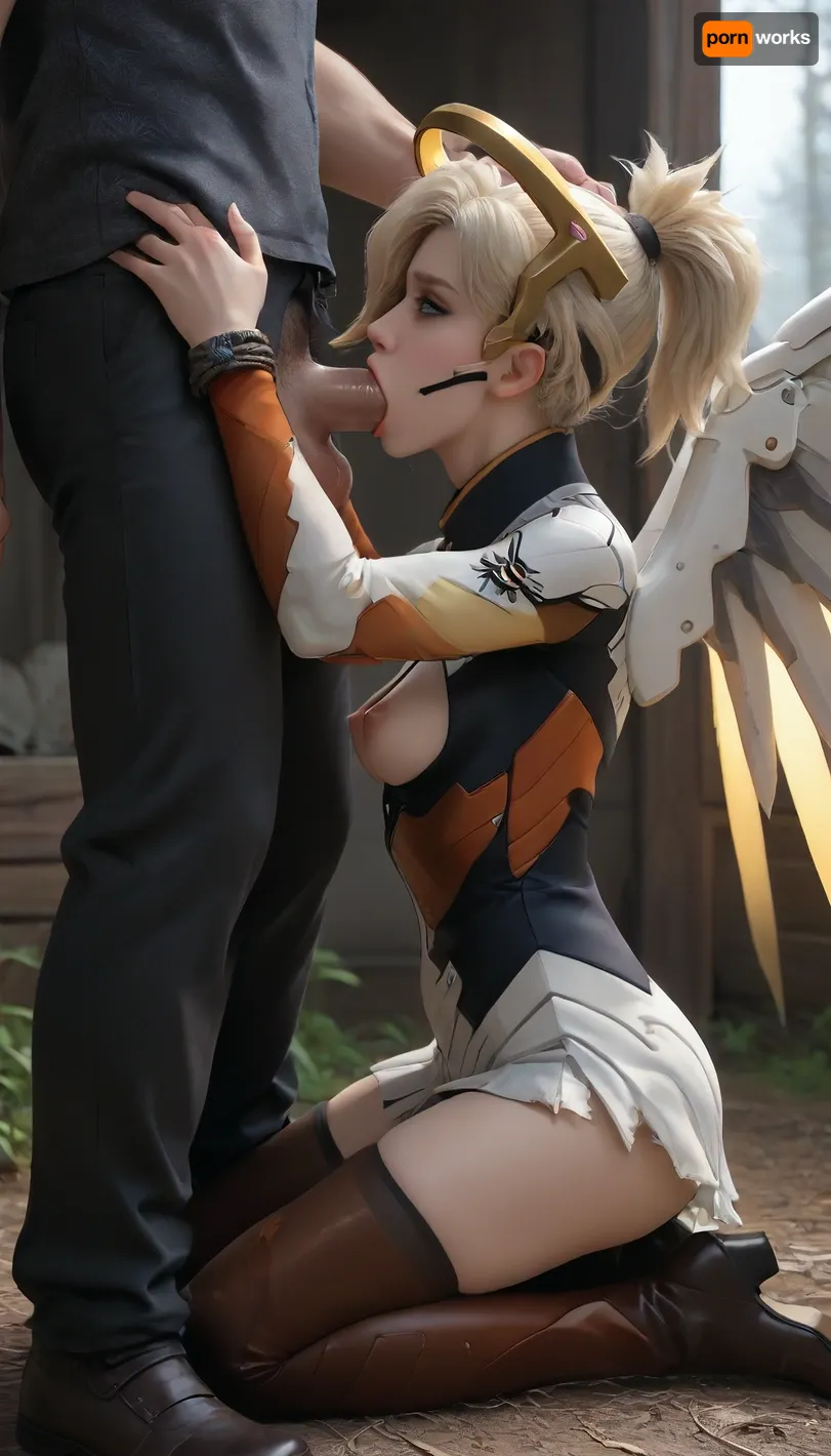 masterpiece, best quality, high resolution, hires, score_9, score_8_up, score_7_up, score_6_up, (Mercy:1.6), white skin tight leather top armor, black leggings, black leather boots, white metal angel wings, white metal helo, armor ripped off, leggings ripped open, short blond hair, narrow face, slim body, short neck, medium breasts, restrained, bound and ball gagged, tied up, arms tied above head, legs tied up extended out, perky nipples, hairy blond pussy, big bush, side view, werewolf partly out of frame, gigantic furry wolf cock, blowjob, balls deep, deepthroat, incase style, ratatatat74, hanunuewolf, <lora:287175_training_data:1.3>, <lora:ratatatat74-000050:1.6>, <lora:hanunue v1 20ep:1.3>