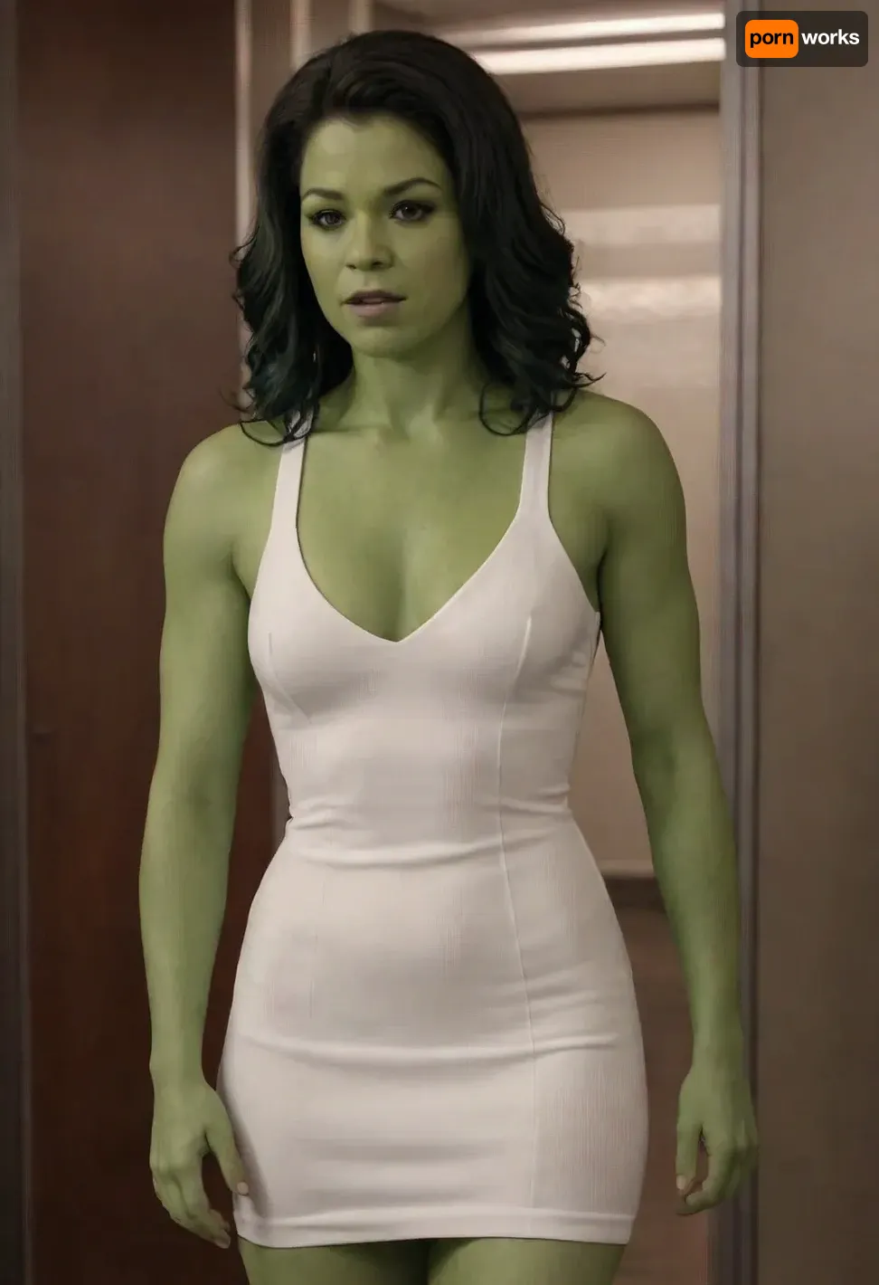 Tatiana maslany as she-hulk, (tight short skimpy white dress:1.5), (green skin:1.5), clothed nipples, she-hulk, jennifer, walters, <lora:She_Hulk-000006:.8>