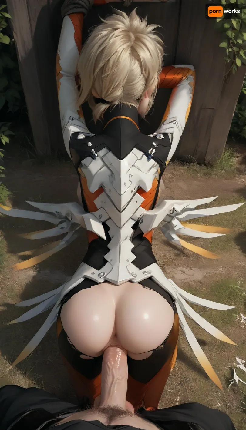 masterpiece, best quality, high resolution, hires, score_9, score_8_up, score_7_up, score_6_up, (Mercy:1.6), white skin tight leather top armor, black leggings, black leather boots, white metal angel wings, white metal helo, armor ripped off, leggings ripped open, short blond hair, narrow face, slim body, short neck, medium breasts, restrained, ball gagged, tied up, arms tied behind back, legs tied up, bent over pinned on the ground, Mercys face is pinned to the ground, Mercy's back is arched, ass in the air, perky nipples, hairy blond pussy, big bush, top view, werewolf partly out of frame, gigantic furry wolf cock, full pussy penetration, Mercy fucked doggystyle by a werewolf, doggystyle, incase art style, ratatatat74, hanunuewolf, <lora:287175_training_data:1.3>, <lora:ratatatat74-000050:1.6>, <lora:hanunue v1 20ep:1.2>