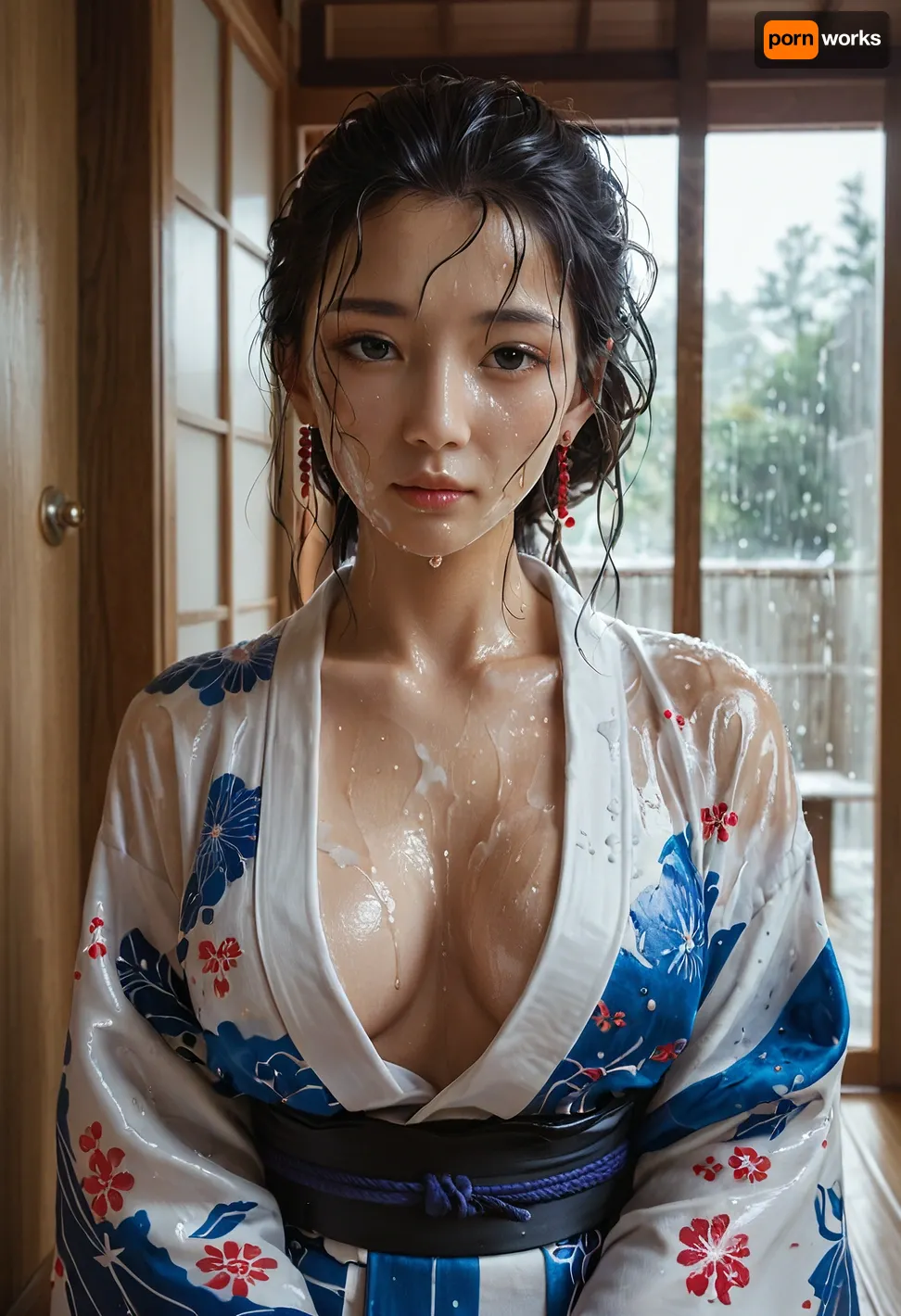 Ana de Armas, kimono-style robe open leaving a neckline to the waist, wet body after a shower, wet hair, wet face, room with Japanese decoration, 7-JapaneseArchitecture, <lora:Japanese Architecture v1.0:.8>