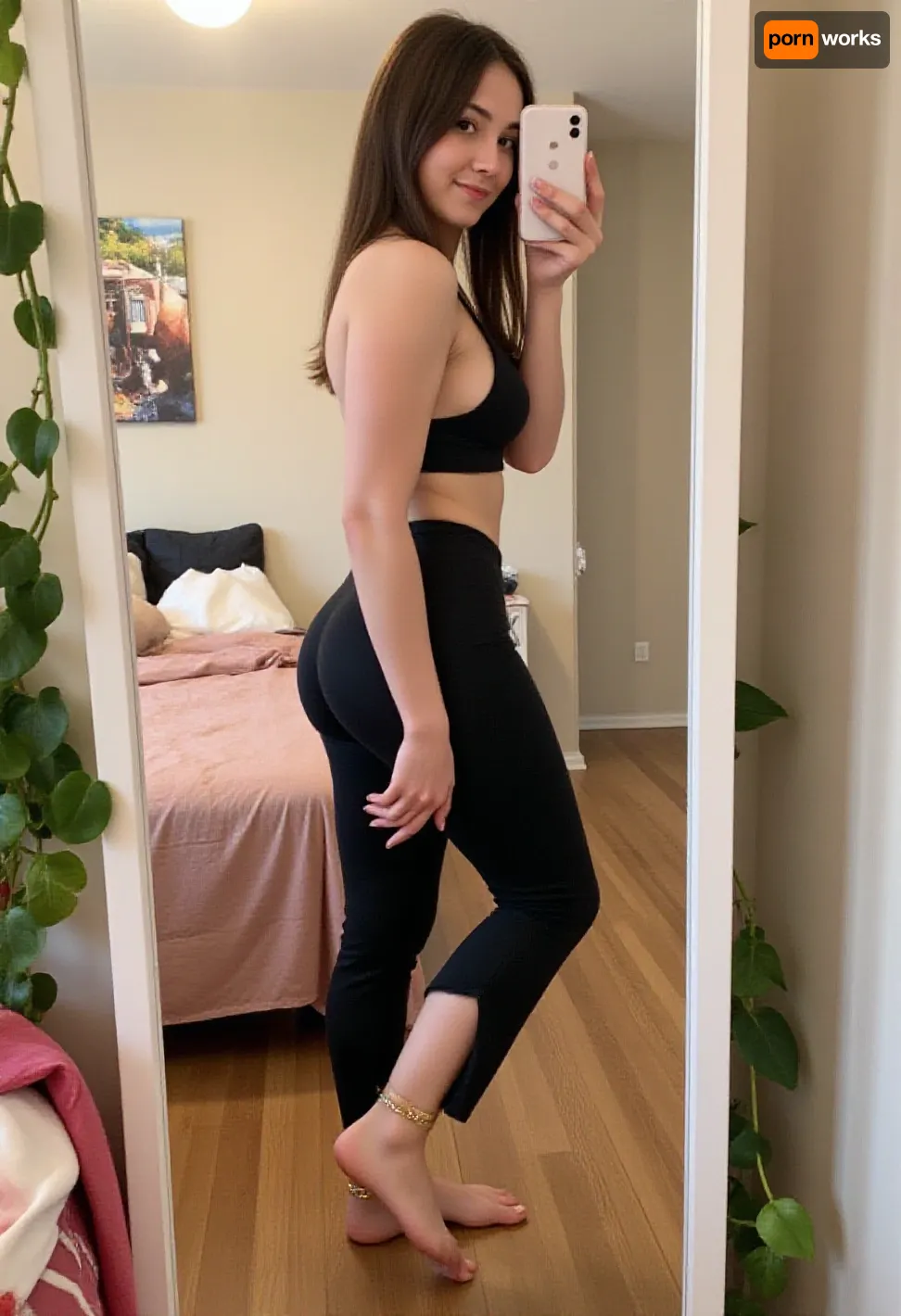 Teasing mirror selfie in profile featuring a muscular thicc 25 year old college coed body builder wearing yoga pants turned sideways to show off her spectacularly round ass posing effortlessly with a hand on her hip., ((prominent feet)), Her tidy dorm room has a modern aesthetic, with a large mirror, pink bedsheets, many plants and, (ivy vines), . soft lighting enhances the pastel colors around her. The angle of the shot is slightly tilted, capturing a laid-back, amateur influencer-inspired vibe ., (gold anklets), (holding iphone), <lora:Gold_Anklets__Feet:.999>