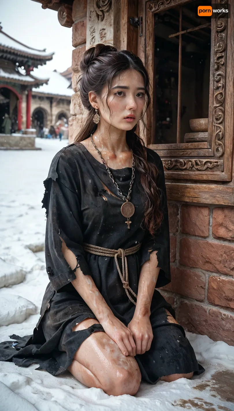 Brunette, oriental girl, long hair styled in a bun, black Roman slave tunic, dirty and torn tunic, wide neckline, very sweaty body, hands chained behind body, rusty iron necklace, Roman market, kneeling snow