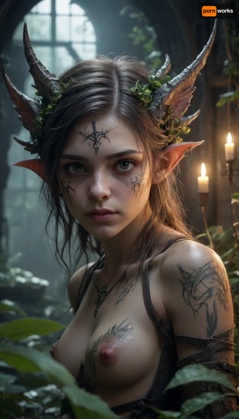 1 a 22-year-old girl is sleeping. Dark fantasy scene-dystopia with a very detailed and atmospheric environment. The world is ruined, but magical — overgrown ruins polluted with glowing anomalies, perverted nature and remnants of vanished civilizations. The light is dim or unnatural, casting eerie shadows. Creatures and characters are mystical, hybrids, animal-like creatures, elves or fairies with dangerous or wild traits. The art style combines elements of cyberpunk and medieval fantasy, featuring muted colors, metallic textures, glowing runes, and post-apocalyptic flora. Emphasize mystery, corruption, and hidden ancient power