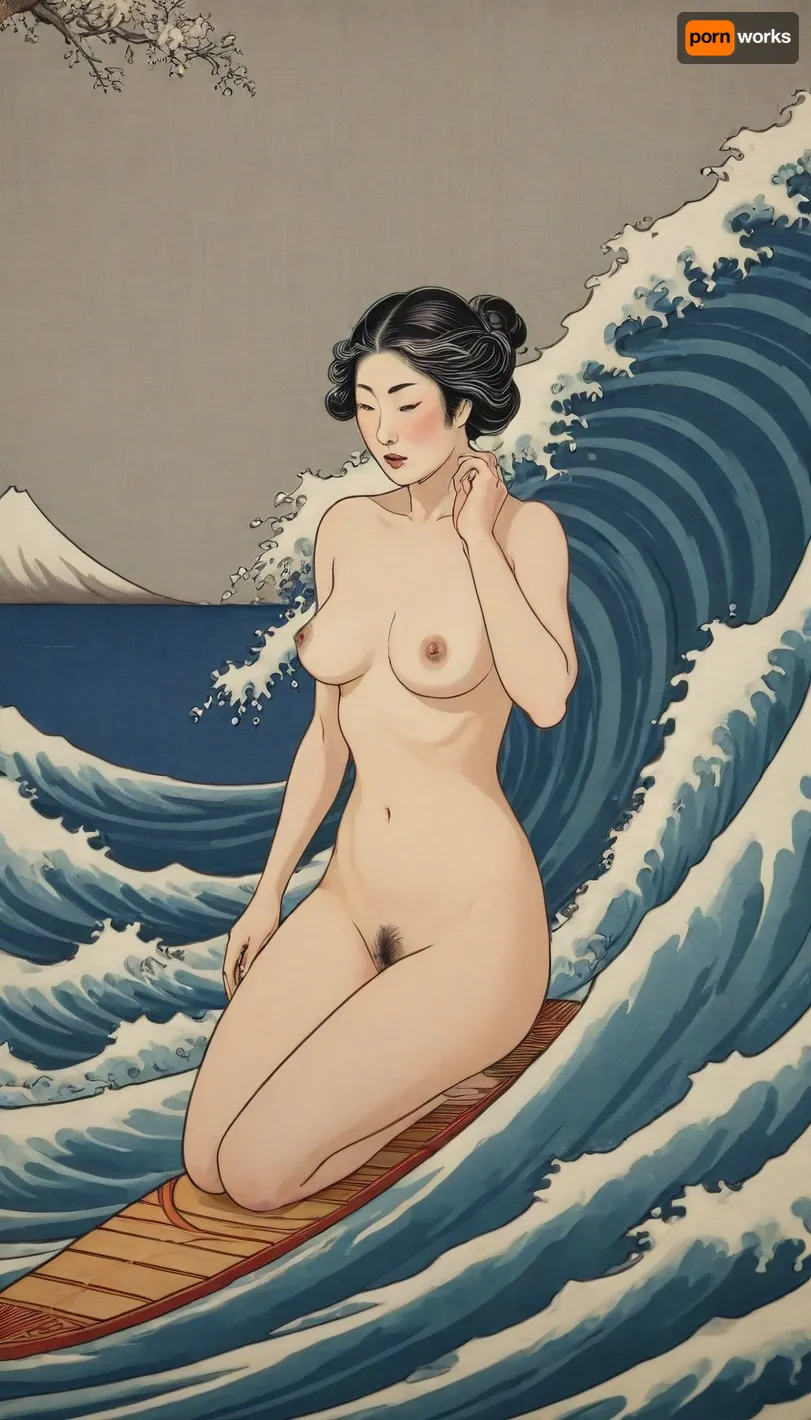 Ukiyo-e Art, nude scandinavian mature woman surfing woodblock print style of hokusai fine art style of kanagawa painting /relax, <lora:Ukiyo-e Art:1>