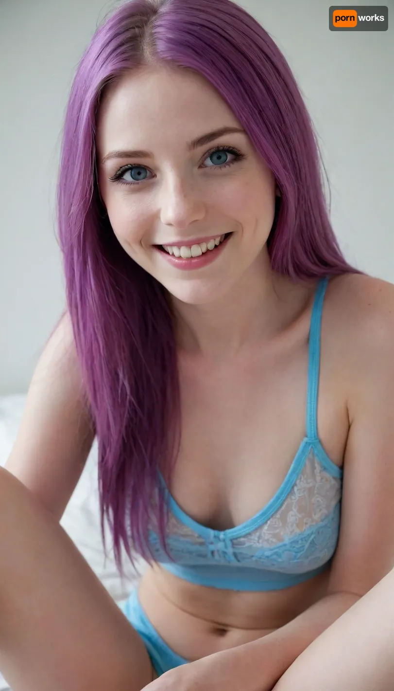 a hot 18 years girl with long violet hair, she doesn’t have any pice od clothes on her, skinny body, small boobies, view on her spread legs, beautiful shaved pussy, spicey smiley blue eyes, nice white beautiful teeth