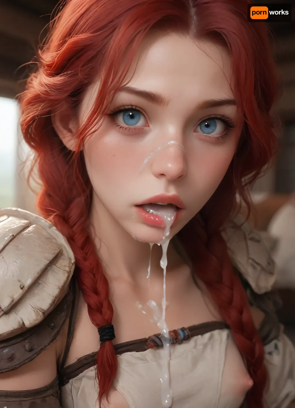 masterpiece, best quality, high resolution, hires, score_9, score_8_up, score_7_up, score_6_up, (Aloy:1.4), detailed face, detailed eyes, solo, long red hair braided on two sides, primitive native American brown cloth outfit with white metal outlining, cloth bra, white metal arm armor, white metal leg armor, clothes moved up to show breasts and pussy, long red hair, nerrow face, broad shoulders, thick body, small breasts, perky nipples, bright red pussy hair, thick thys, Aloy laying flat legs out on the center of a table looking at the directly at the viewer, alot of cum on face, mouth open wide, tongue sticking out, cum in mouth, (mouth overflowing with cum), cum poring out of mouth, in a primitive village, close up side view, incase style, ratatatat74, fantasy, woman, cum, on, face, <lora:287175_training_data:1.5>, <lora:ratatatat74-000050:1.4>, <lora:JustCum:1.3>