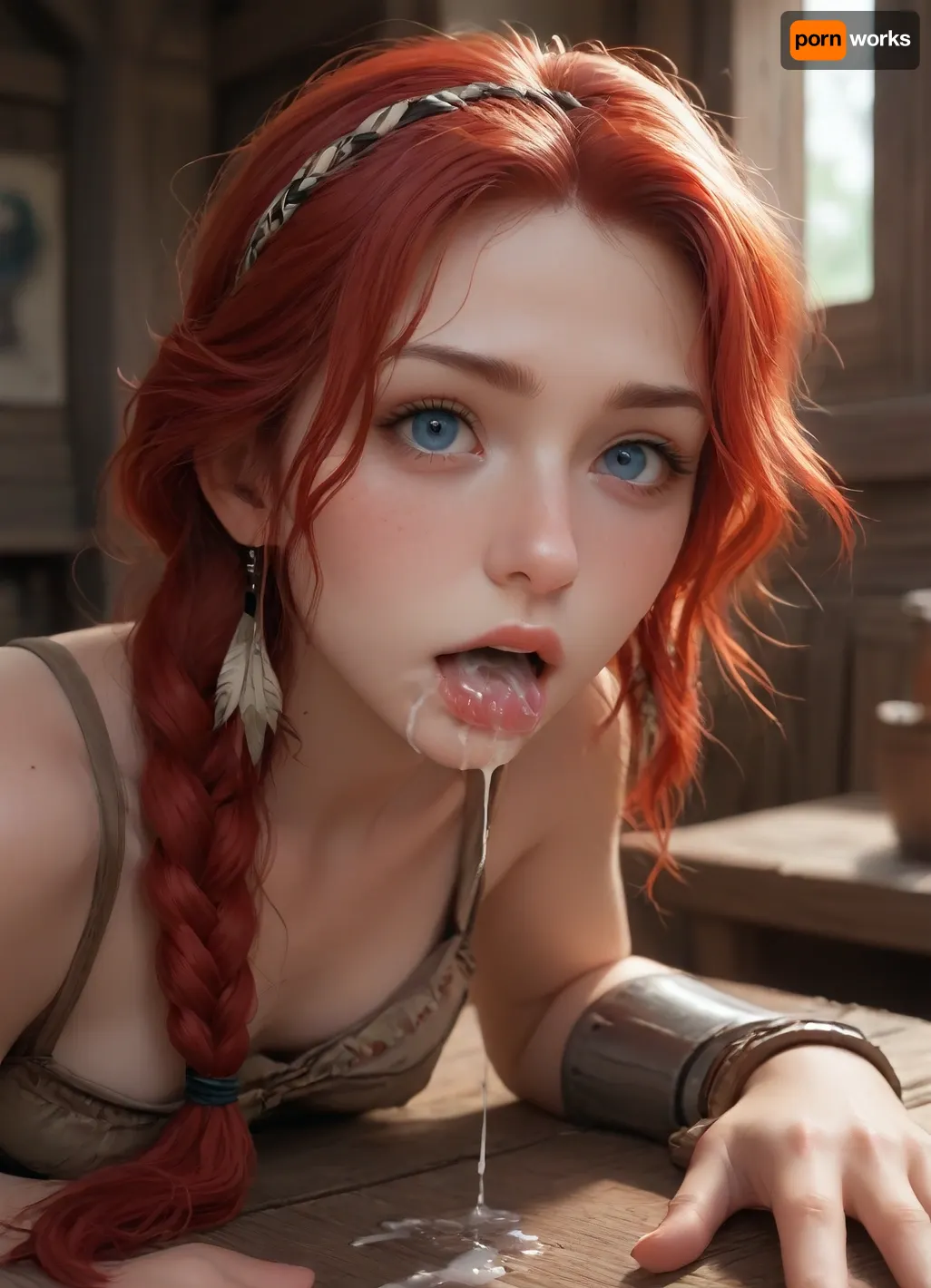 masterpiece, best quality, high resolution, hires, score_9, score_8_up, score_7_up, score_6_up, (Aloy:1.4), detailed face, detailed eyes, long red hair braided on two sides, primitive native American brown cloth outfit with white metal outlining, cloth bra, white metal arm armor, white metal leg armor, clothes moved up to reavil breasts and pussy, long red hair, nerrow face, broad shoulders, thick body, small breasts, perky nipples, bright red pussy hair, thick thys, Aloy laying flat legs out on the center of a table looking at the directly at the viewer, alot of cum on face, mouth open wide, tongue sticking out, cum in mouth, (mouth overflowing with cum), cum poring out of mouth, in a primitive village, close up side view, incase style, ratatatat74, fantasy, woman, cum, on, face, <lora:287175_training_data:1.5>, <lora:ratatatat74-000050:1.4>, <lora:JustCum:.8>