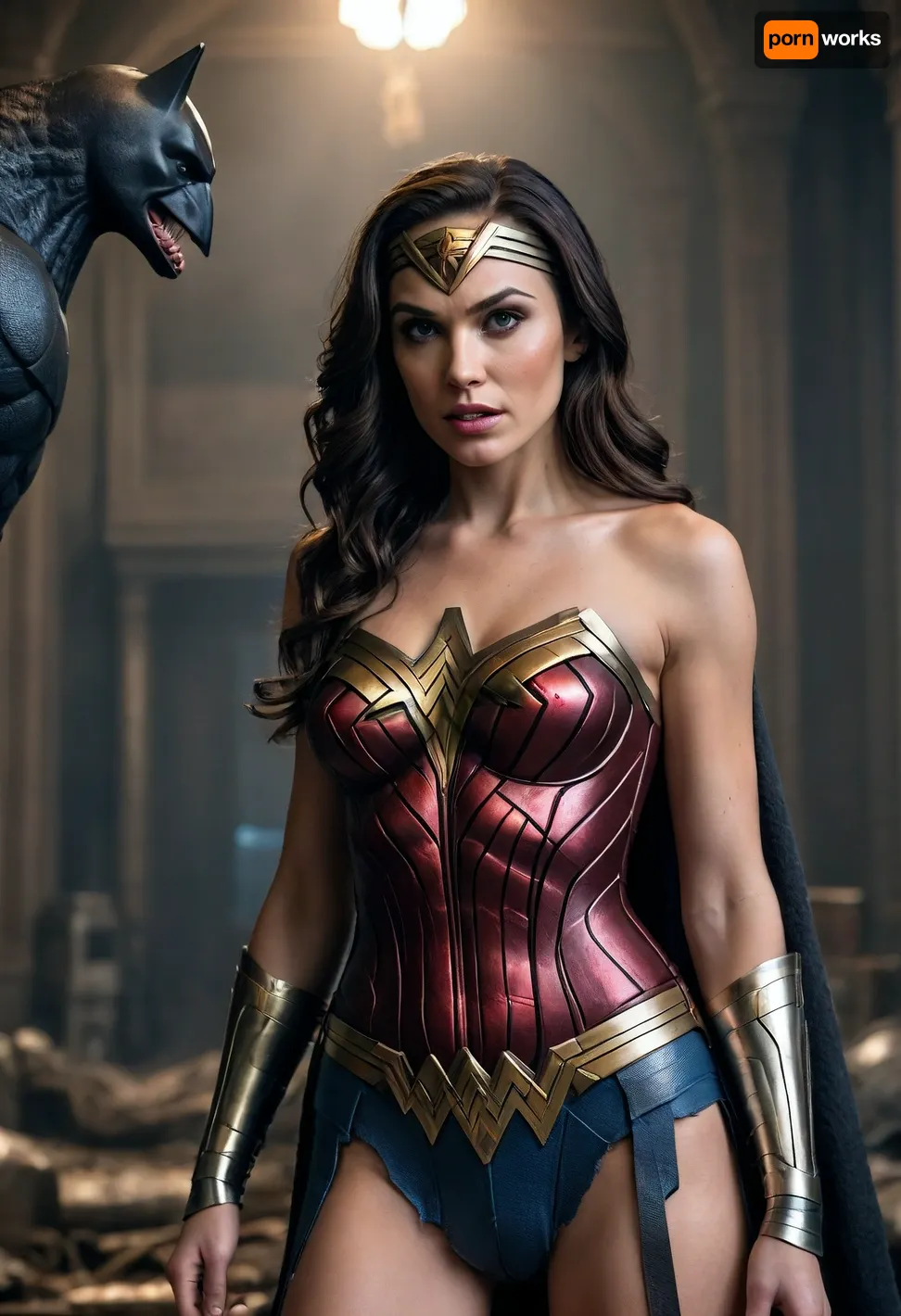 wonder woman, wear costume like movie, sex with giant batman, hypermuscular batman, giant massive gigantic cock, cum everywhere, cum overflow, impossible fit in vagina, detailed background