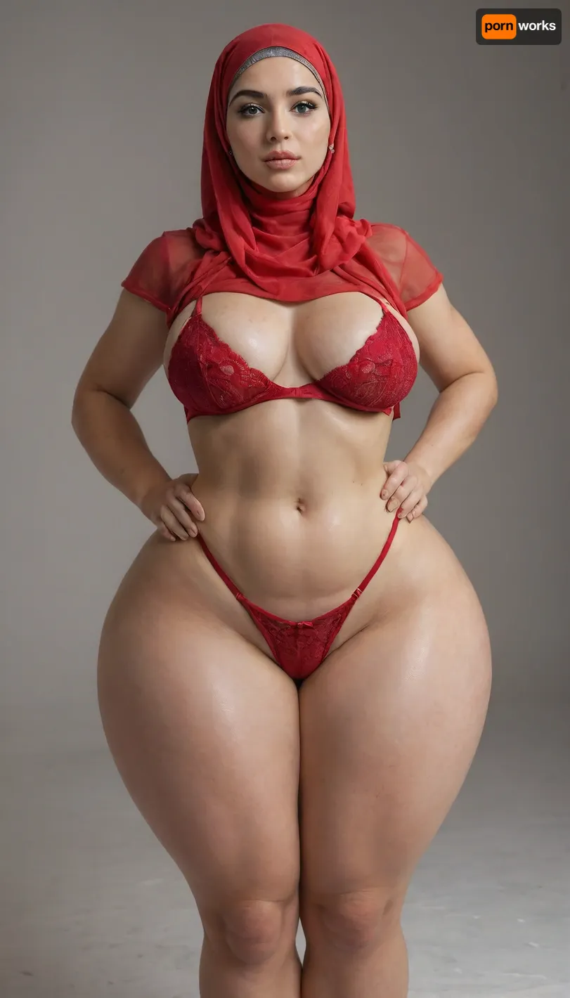 arab, hdr, ultra hd, pale skin, beautiful face, looking at viewer, blonde, big lips, swollen lips, red hijab, voluptuous, pawg, medium breast, bottom heavy, huge massive gigantic ass, giant hips, hyper ass, extremely hyper hips, hyper wide hips, huge hips, hyper thighs, huge thighs, thick thighs, massive hyper thighs, massive hyper hips, massive thighs, wide hips, thighs bigger than waist, pear shaped, red underwear, hard light, waist shot