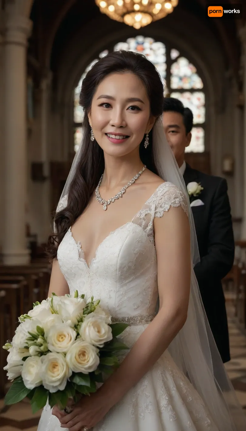 4K, fond, outside, smile, gorgeous church, plunging, luxury gorgeous sheath wedding dress, iris Bouquet, ultra-detailed, (dark brown hair), (long hair), (straight hair), ((Ultimate realistic photo)), ((detailed face)), korean 60yo old bride, (Korean gorgeous grand mother and korean young boy), mother and son, tuxedo, necklace, wedding photo shoot style --v 6 --style raw