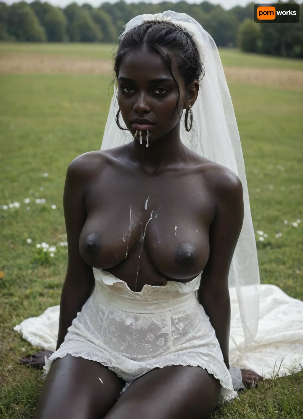 my wife, beautiful woman, 25yo, curvy body, big round boobs, short acro hairy, (ultra black skin:1.9), .break., my wife wearing a wedding dress, boobs out of dress, naked nipples, sitting on the grass, White cum on her boobs, cum dripping from mouth, a lot of cum, eccessive cum