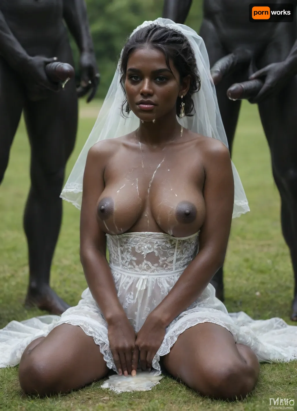 my wife, beautiful woman, 25yo, curvy body, big round boobs, short acro hairy, (ultra black skin:1.9), .break., my wife wearing a wedding dress, boobs out of dress, naked nipples, sitting on the grass, looking the viewer, White cum, cum on her boobs, cum dripping from mouth, a lot of cum, eccessive cum, bukkake, gangbang, (a lot of White skin men), (((White men only))), two White men cum on her