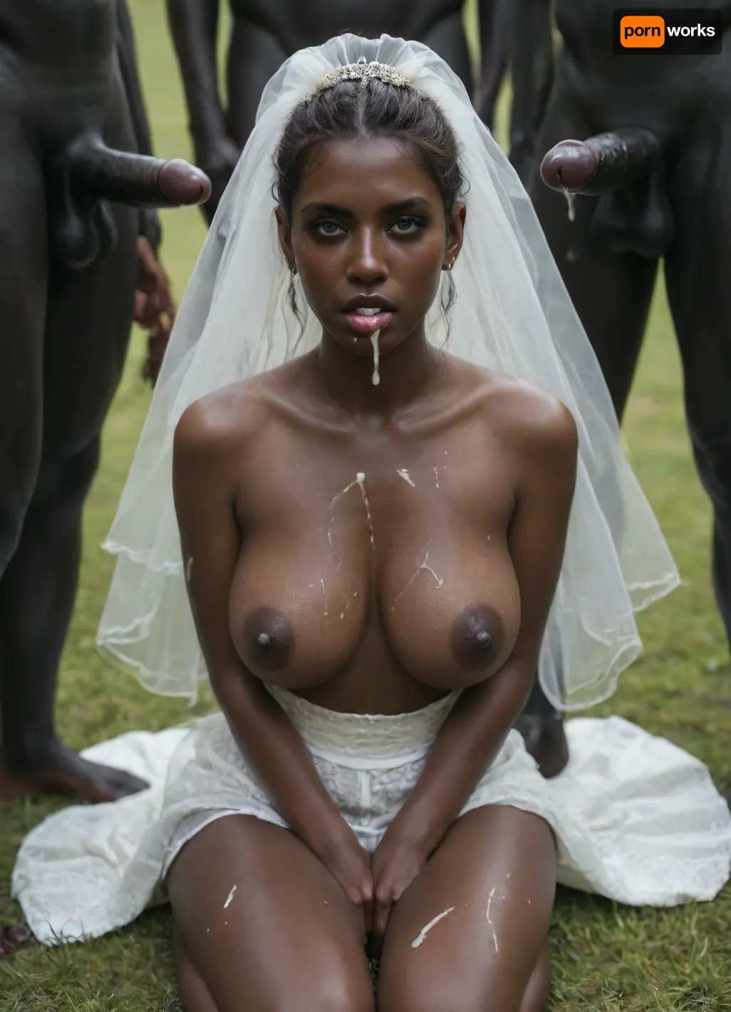 my wife, beautiful woman, 25yo, curvy body, big round boobs, short acro hairy, (ultra black skin:1.9), .break., my wife wearing a wedding dress, boobs out of dress, naked nipples, sitting on the grass, looking the viewer, White cum, cum on her boobs, cum dripping from mouth, a lot of cum, eccessive cum, bukkake, gangbang, a lot of White men, White men only, two White men cum on her