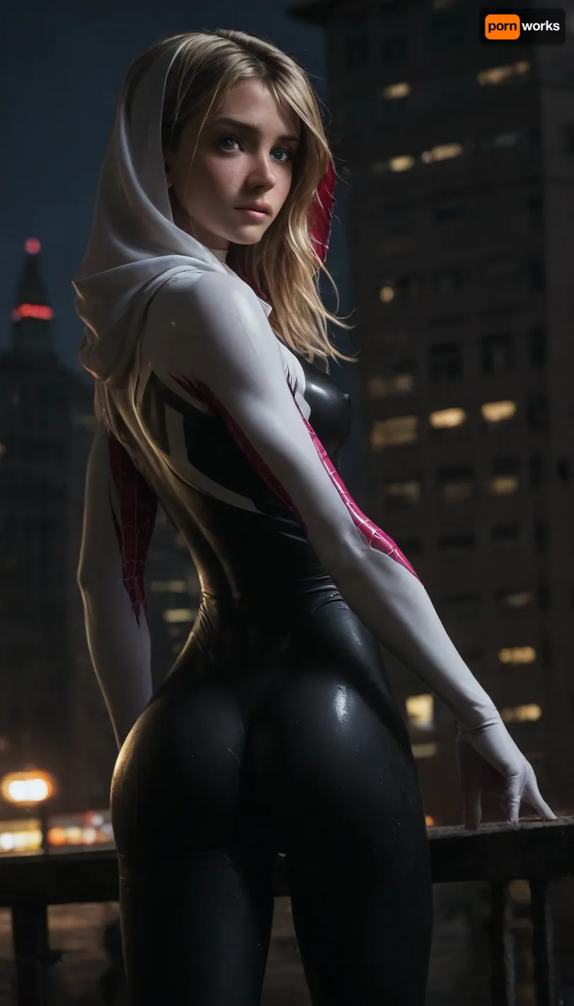 night, clear weather, (shy and embarrassed:1.4), (spider girl Gwen Stacy), (tight outfit), (athletic body:1.5), (hip gap:1.3), wide hips, (narrow waist:1.4), (blonde with pink strands), (view from full side:1.6), climbs to the roof of a high-rise building, (makeup), New York day, ((pussy cameltoe:1.4)), (shining wet clothes), (makeup:1.2), (oiled skin:1.5), (wet shining tight bodysuit:2), hand, 1girl, (athletic ass and hips:1.6), (medium natural breast:1.5), (high detailed face:1.5), dim lights, (hard nipples:1.3), (chiaroscuro lighting:.3), <lora:HandFineTuning_XL:1>, <lora:MGLRbodysuit_sdxl:.6>, <lora:uberfit_lora_sdxl:.4>, <lora:dark:.3>