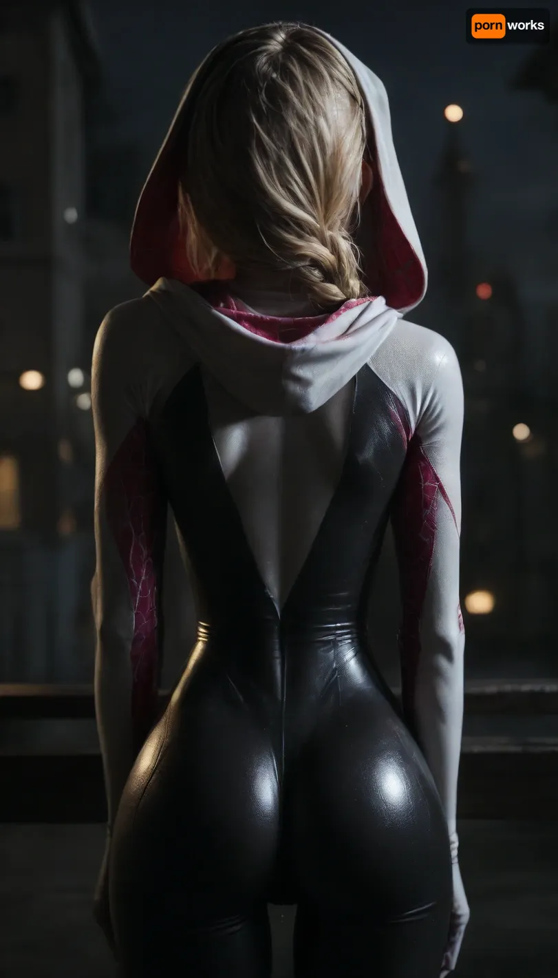 night, clear weather, (((18 years old))), (((young))), (shy and embarrassed:1.4), (spider girl Gwen Stacy), Braided side Side Cornrows Hair, (tight outfit), (athletic body:1.5), hood on head, (hip gap:1.3), wide hips, (narrow waist:1.4), (blonde with pink strands), (full rear view:2), climbs to the roof of a high-rise building, (makeup), New York day, ((pussy cameltoe:1.4)), (shining wet clothes), (makeup:1.2), (oiled skin:1.5), (wet shining tight bodysuit:2), hand, 1girl, (athletic ass:1.6), (medium natural breast:1.5), (high detailed face:1.5), dim lights, (hard nipples:1.3), (chiaroscuro lighting:.3), <lora:HandFineTuning_XL:1>, <lora:MGLRbodysuit_sdxl:.6>, <lora:uberfit_lora_sdxl:.4>, <lora:dark:.3>