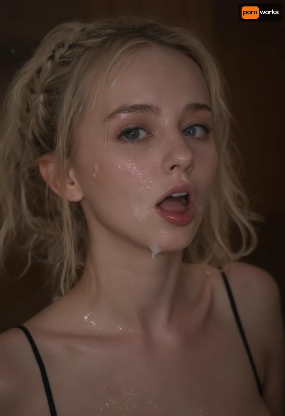 score_9, score_8_up, score_7_up, Create breathtaking 8k high resolution picture, closeup face petite supermodel, slim arms, 21-year old skinny pale girl, with light blonde, two thick wet braided Dutch braids placed over the shoulder, Several hair ties in braids, hair clips, beautiful blue eyes, expensive black ruffled bra, tits sticking out, (wearing expensive black ruffled transparent wet panty hose), Subtle freckles, open mouth, completely messy smeared makeup, messy lipstick, smeared black eyeliner, smeared maskara, facial expression, disgusted, o-face, Ahegao-face, cute looking, rolling eyes, several massive facial, cum in mouth, cum in hair, cum on bra, mouth brimming, full of cum, making her vomit, cum flows from face holding big round transparent glass bowl full of liquid cum with both hands directly under her chin, drinking cum running from face in bowl, drinking cum from bowl, swallowing cum, facial, pussy Squirting juice to floor, (bukkake, hard cocks slap her face, spreading cum to face), facialized, superfacialized, many cocks slapping face, cocks spreading cum, cocks spraying cum in face, tongue, out, ahegao, drool, woman, on, face, <lora:ahegao_mr_chrisma:1.5>, <lora:JustCum:2>