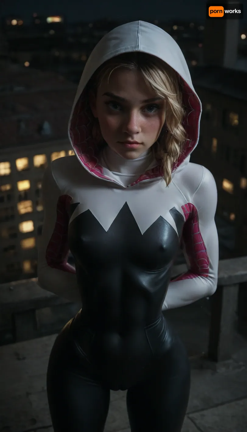night, clear weather, (((18 years old))), (((young))), (shy and embarrassed:1.4), (spider girl Gwen Stacy), Braided side Side Cornrows Hair, (tight outfit), (athletic body:1.5), hood on head, (hip gap:1.3), wide hips, (narrow waist:1.4), (blonde with pink strands), (view from front and above:1.6), climbs to the roof of a high-rise building, (makeup), New York day, ((pussy cameltoe:1.4)), (shining wet clothes), (makeup:1.2), (oiled skin:1.5), (wet shining tight bodysuit:1.8), hand, 1girl, (athletic ass), medium natural breast, (high detailed face:1.5), dim lights, (hard nipples:1.3), (chiaroscuro lighting:.3), <lora:HandFineTuning_XL:1>, <lora:MGLRbodysuit_sdxl:.6>, <lora:uberfit_lora_sdxl:.4>, <lora:dark:.3>