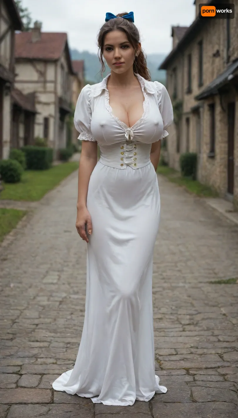 French, 25+, Voluptuous, Massive Breast, erect nipples, huge Bubble butt, Long length, Ponytail, Cleavage, Messy Hair, Thick Thighs, Waist Shot, Medieval, European Village, Soft Shadow, cosplay belle from beauty and the beast, big blue hairbow, restrained, arms behind back, extremely hyper ample cleavage, deep clevage, exaggerted wasp waist, humongous breasts, breasts squeezing shirt, breasts stretching dress to its limits, her breasts are obviously way too big for dress, her dress is squeezing her huge breasts extremely tight, huge breasts about to bust out of dress, dress barely covers nipples, dream woman, extremely face