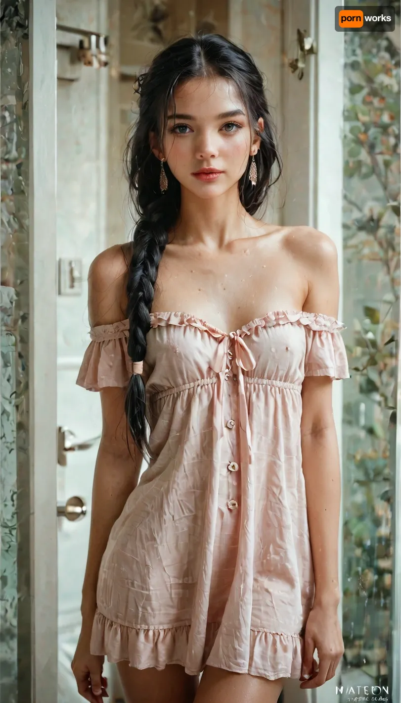18 years old skinny beauty, long hair, braided black hair, thin body, small breasts, natural skin texture, sexy light pink off shoulder dress, waiting at hotel lobby for lover, wide shot, <lora:cute girl:2>