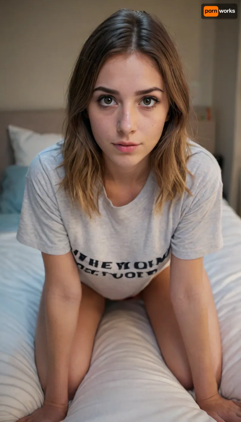 Your 23yo sister enters your bedroom at night. She is wearing T-shirt and pajamas pants. She is very cute. She is very drunk. She is down on all fours on your bed. POV she is crawling towards you