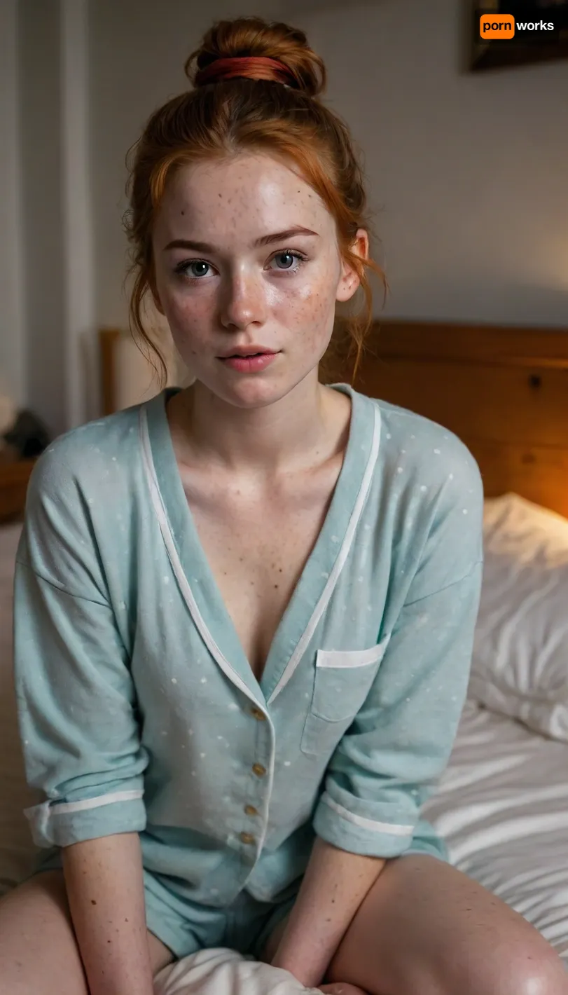 Very beautiful 25yo redhead with messy hairbun is in dark bedroom at night. She is wearing soft cozy pajamas, blouse and pants. You can see her full body, legs and feet. She feels cozy and a little shy., (((It is an amateur home-made photo))), . She is slightly chubby and very cute. Her face is perfectly accurate and ultra detailed. She looks very shy. She is very short. She is sitting on the edge of her bed. She has a super cute round face. She is very shy. It is dark in the room. Dim candle light. Very dark. She has very cute cheeks., ((She has freckles on her face)), . You can see her bare feet.