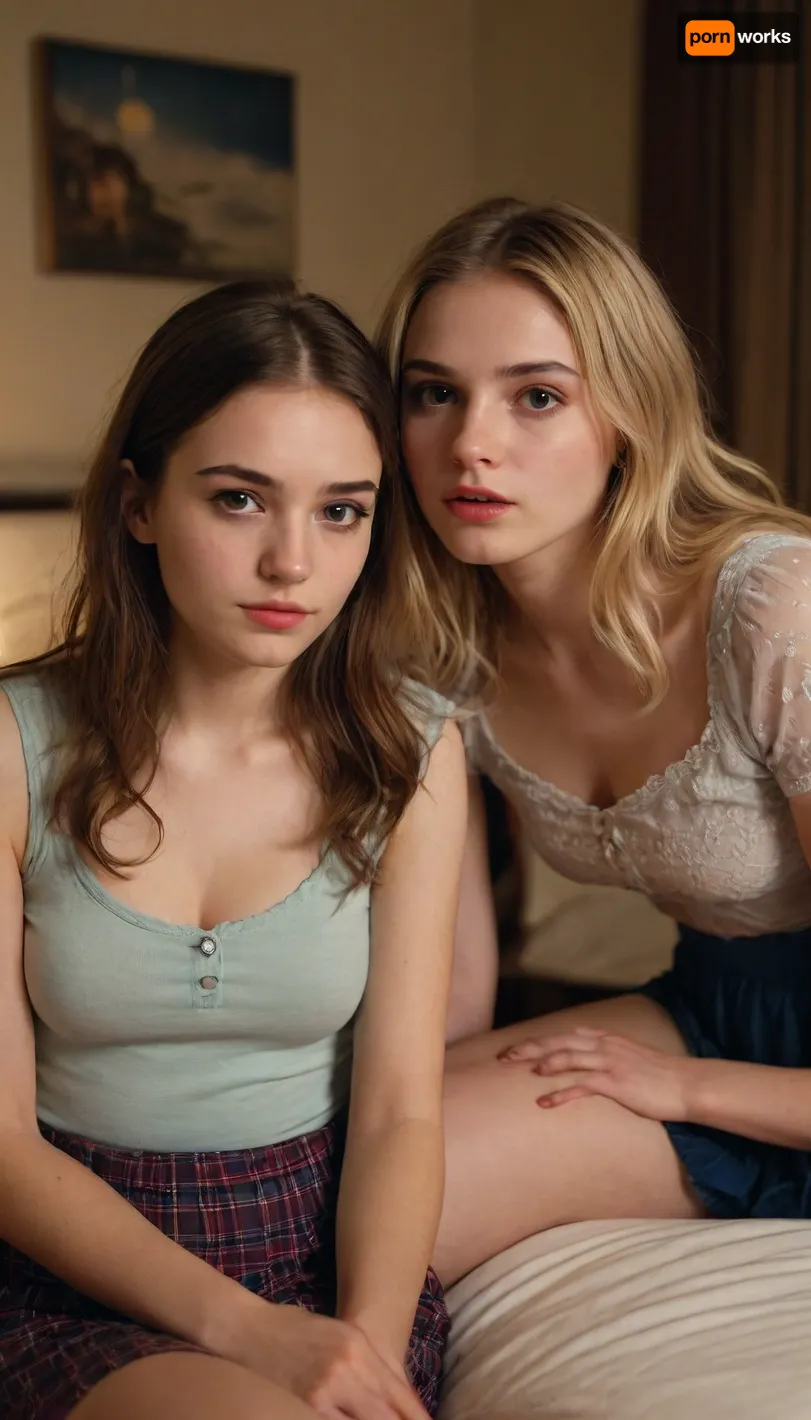 2 different 20yo girls enter your bedroom at night. They are very drunk. They are sitting on your bed. They are very pretty. They are fully clothed in modest clothes. Their faces are very detailed. They look sexy and seductive