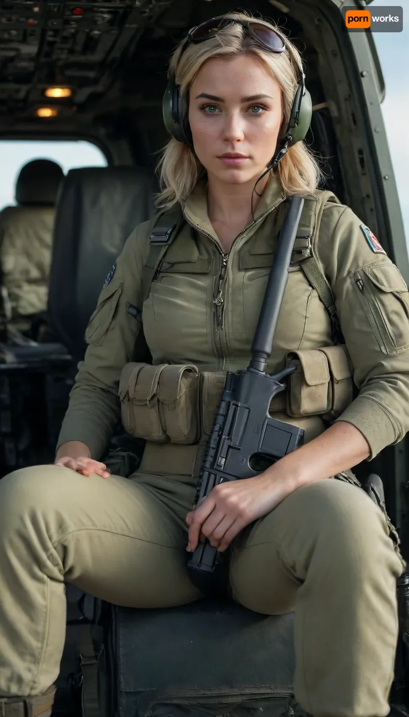 1 soldier woman, 8k, ultra detailed, soldier uniform, milf, wearing a battledress jacket, lacy bra, pilot tactical helmet with head gears, army boots, holding an assault rifle, attractive, sitting on the sidedoor of an army helicopter, wrinkles, 40 years old, blonde ponytail, green eyes, very thick battle army pants, picture taken with DSLR camera, realhips, french, (full body in view), wide jawline, square forehead, straight hair, pretty real eyes, high cheekbones, freckles